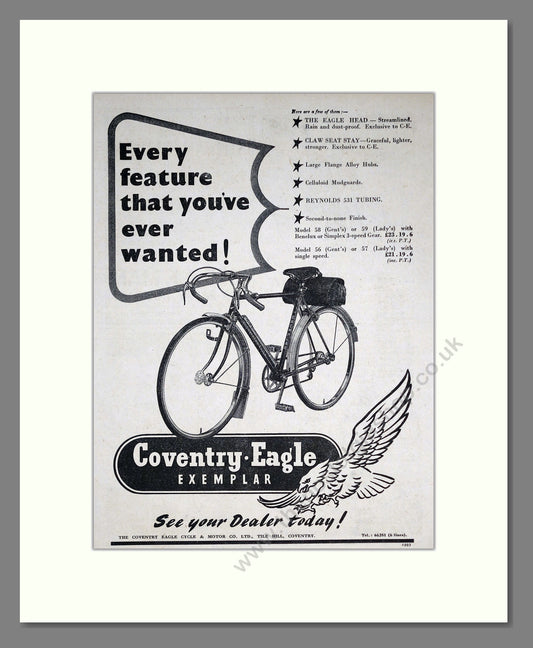 Coventry Eagle Exemplar Bicycle. Original Advert 1952 (ref AD68854)