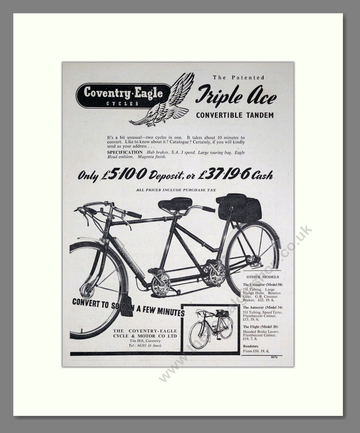 Coventry Eagle Triple Ace Convertible Tandem Bicycle. Original Advert 1953 (ref AD68855)