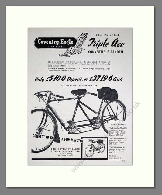 Coventry Eagle Triple Ace Convertible Tandem Bicycle. Original Advert 1953 (ref AD68855)
