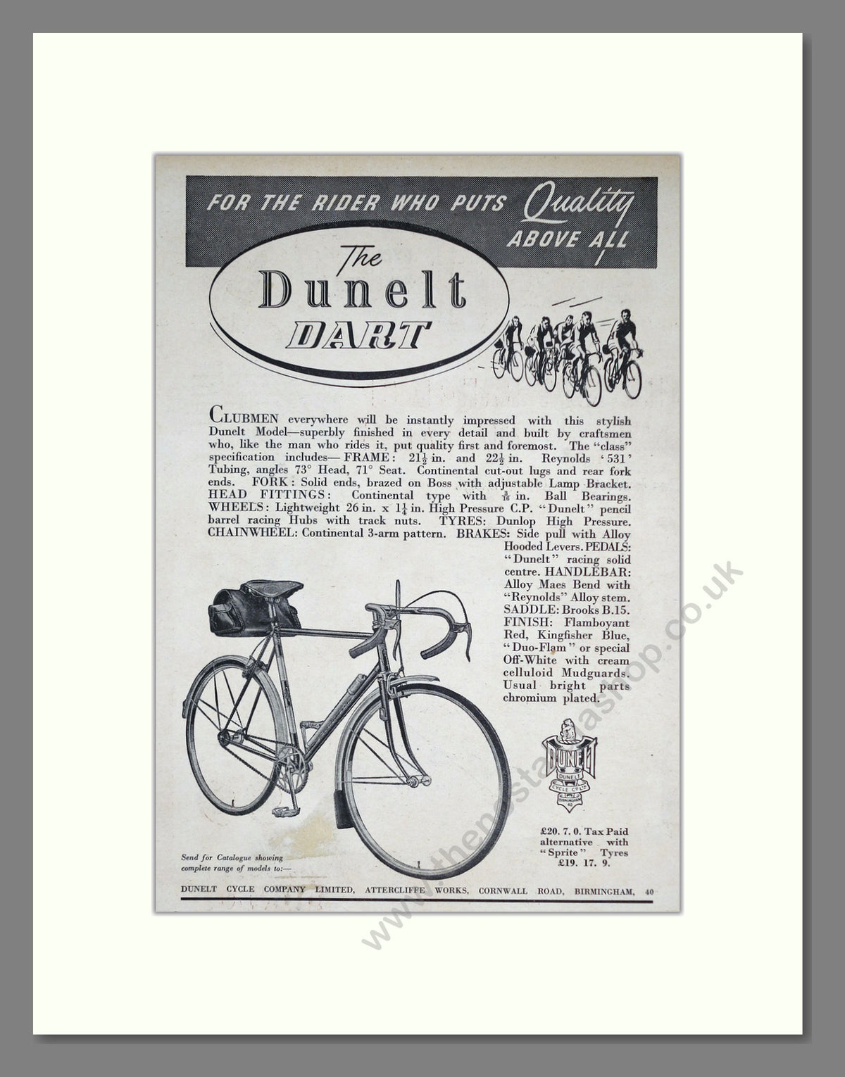 Dunelt Dart Cycle. Original Advert 1952 (ref AD68861)