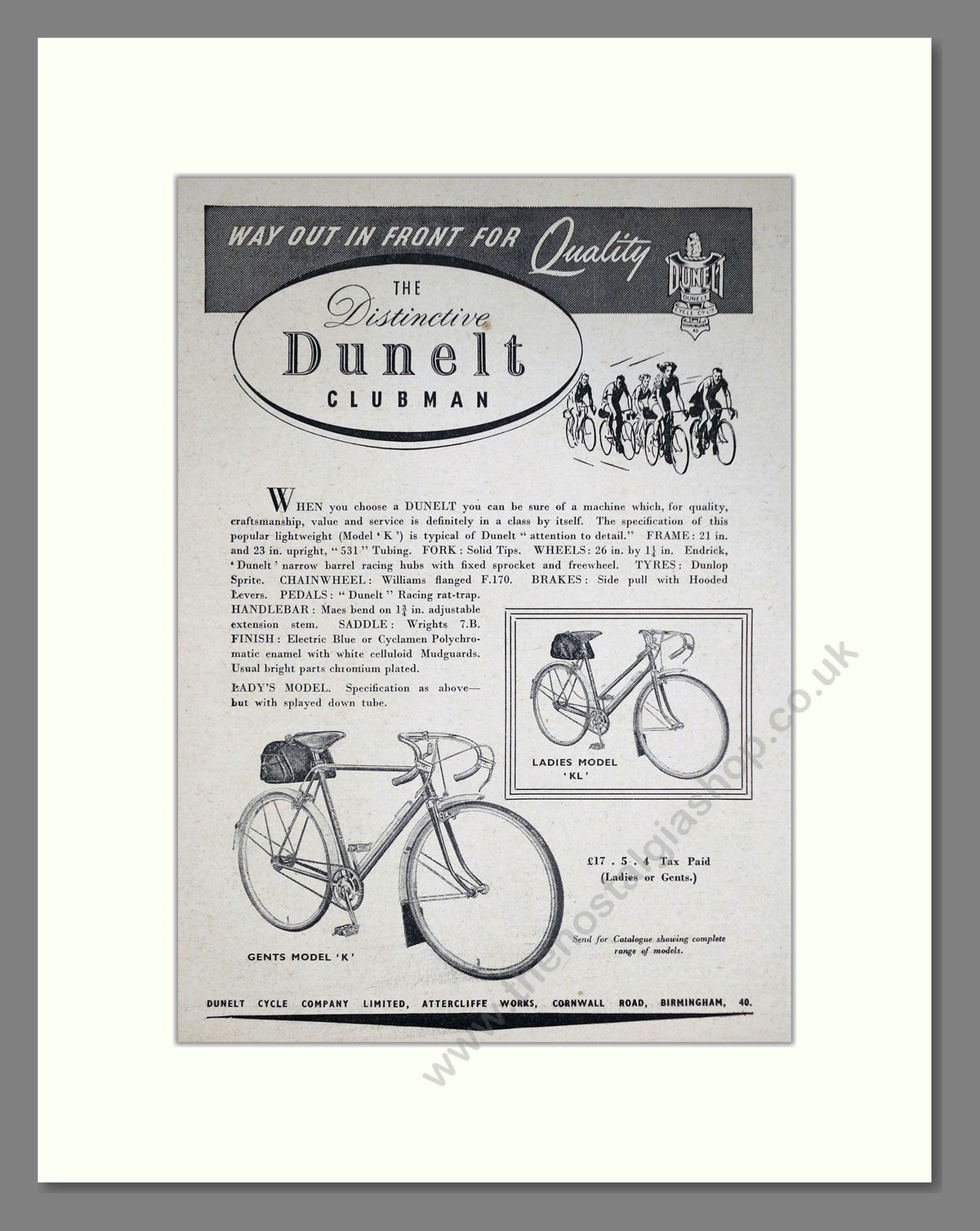 Dunelt Clubman Cycle. Original Advert 1952 (ref AD68862)