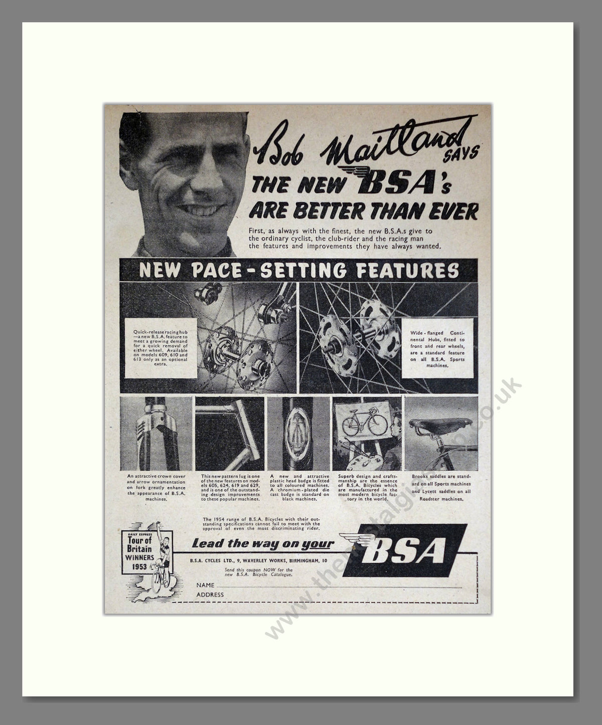 BSA Cycles used by Bob Maitland. Original Advert 1953 (ref AD68873)