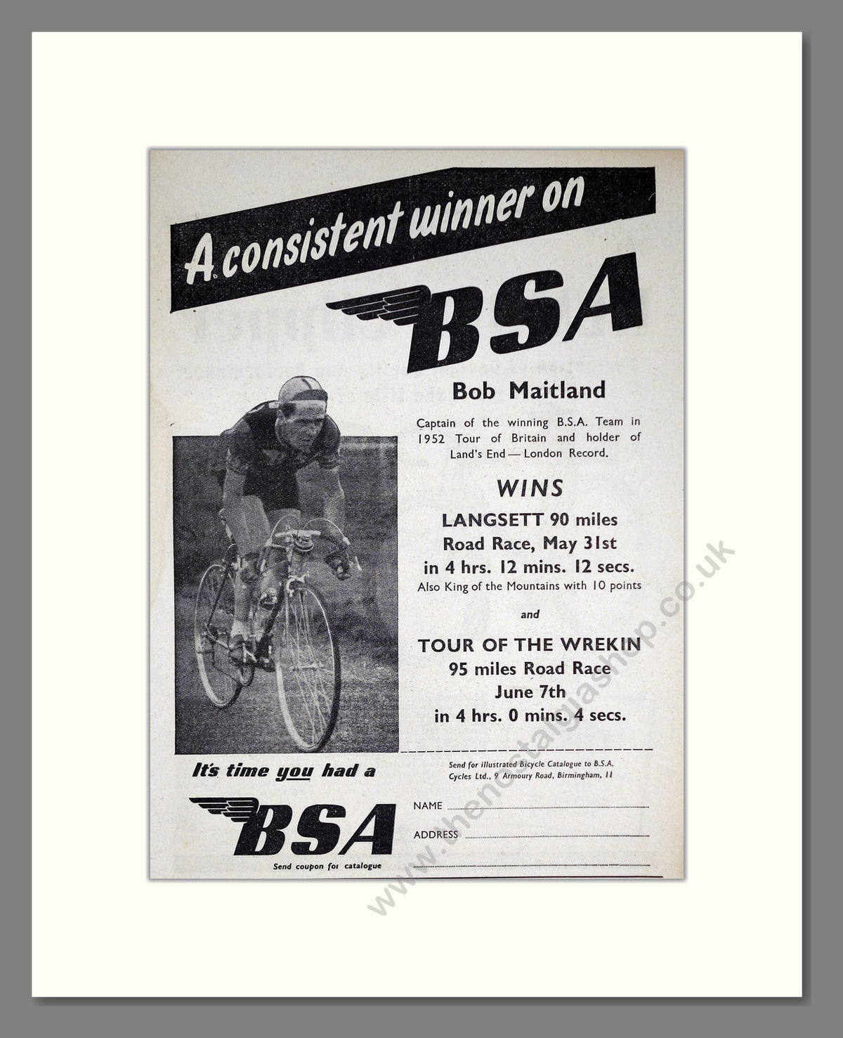 BSA Cycles, Bob Maitland Wins Langsett 90 Miles. Original Advert 1953 (ref AD68874)
