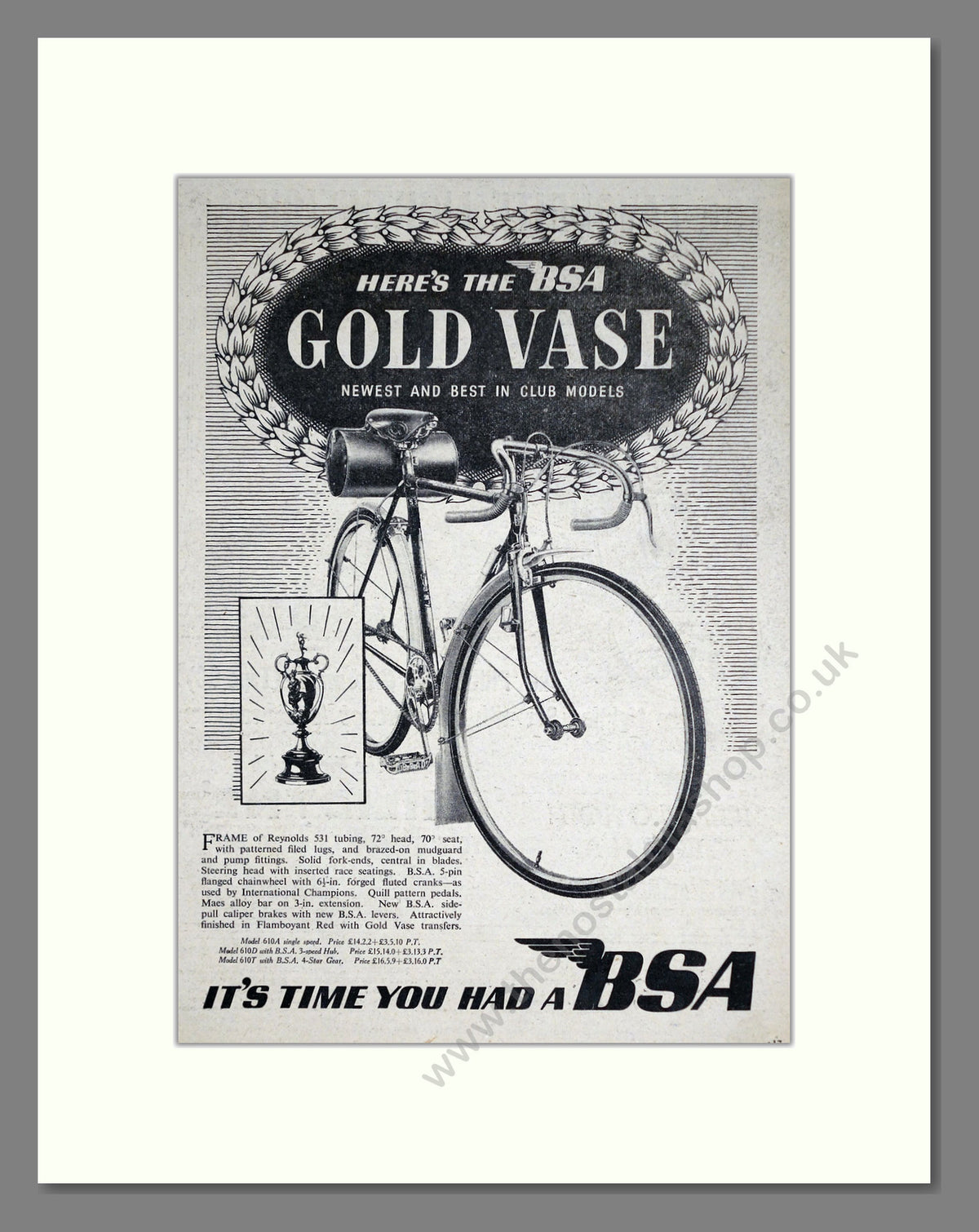 BSA Cycles. BSA Gold Vase. Original Advert 1951 (ref AD68876)