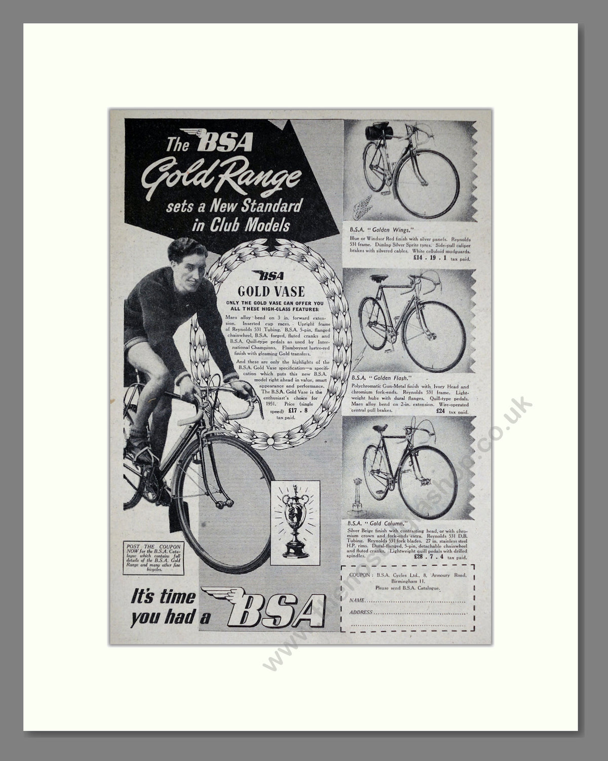 BSA Cycles. BSA Gold Vase. Original Advert 1951 (ref AD68877)