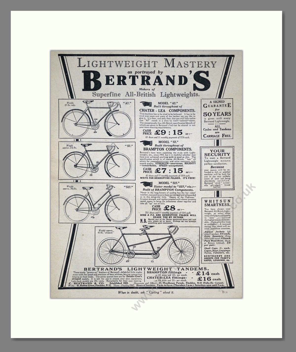 Bertrand's Cycles. Original Advert 1927 (ref AD68884)