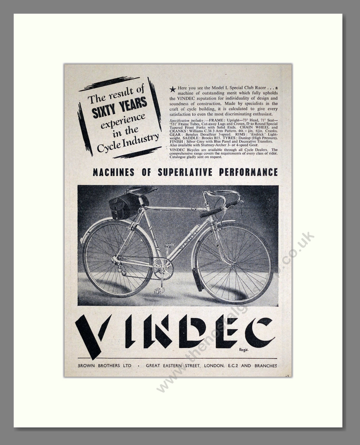 Vindec Model L Club Racer Cycle. Original Advert 1951 (ref AD68886)