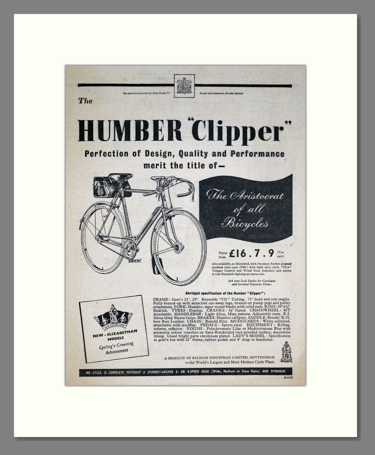 Humber Clipper Cycle. Original Advert 1953 (ref AD68888)