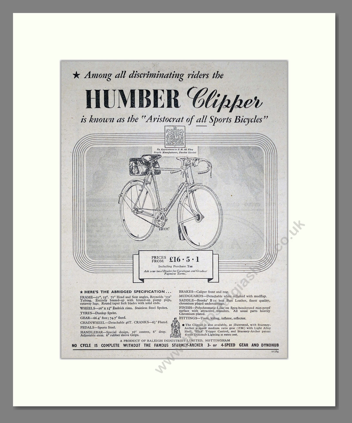 Humber Clipper Cycle. Original Advert 1951 (ref AD68892)
