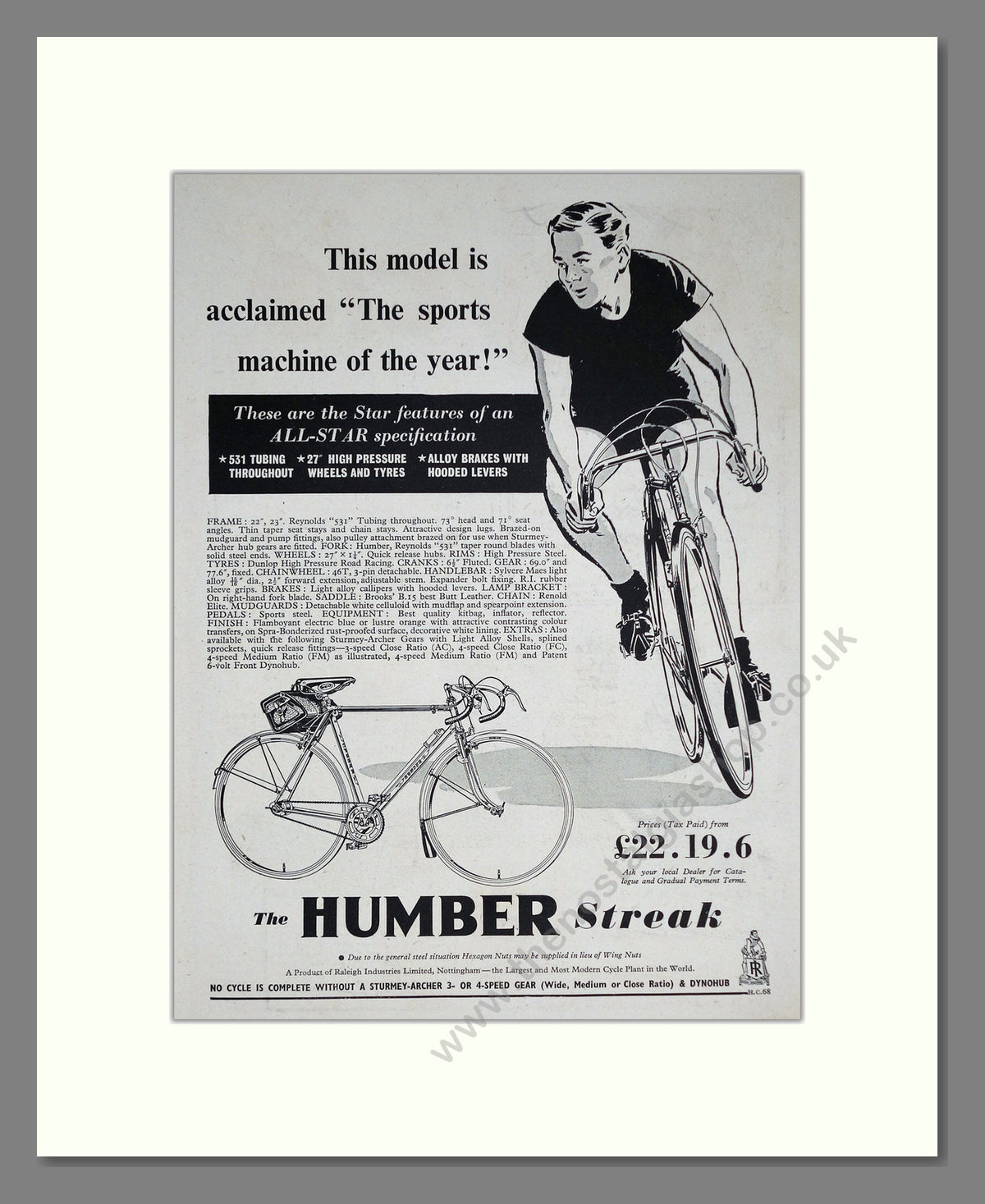 Humber Streak Cycle. Original Advert 1952 (ref AD68893)