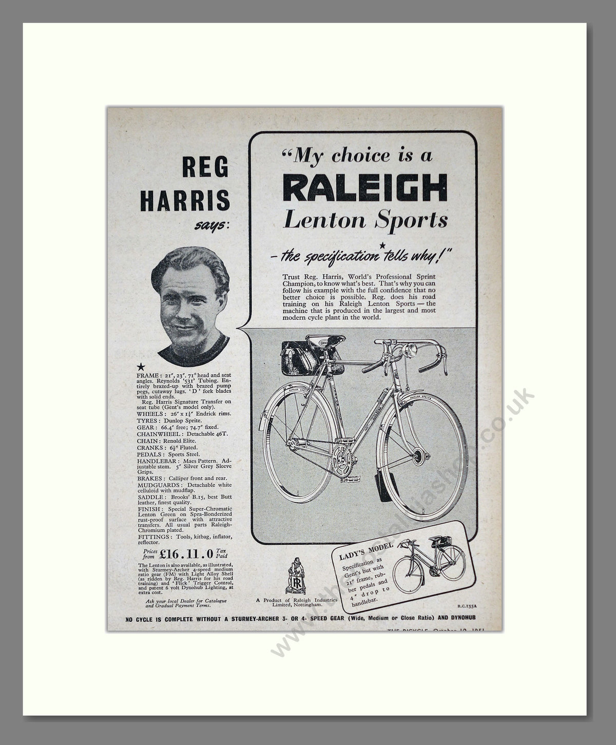 Raleigh Lenton Sports Cycle. Reg Harris. Original Advert 1951 (ref AD68894)