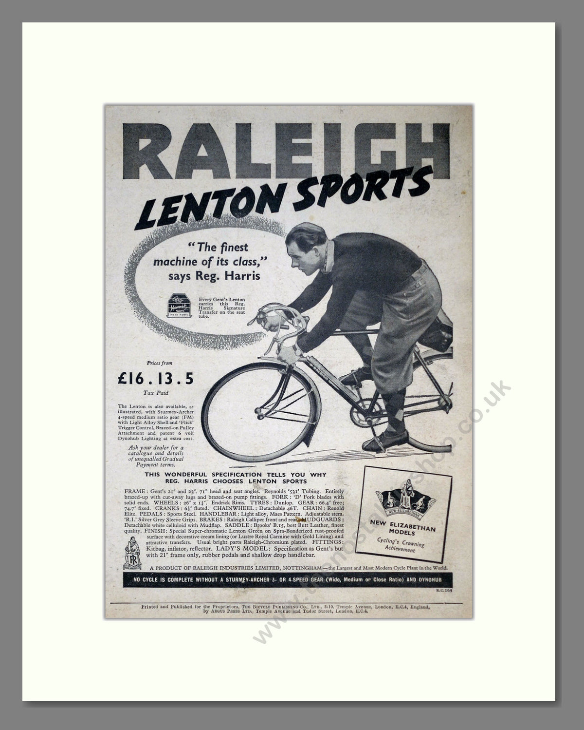 Raleigh Lenton Sports Cycle. Reg Harris. Original Advert 1953 (ref AD68895)