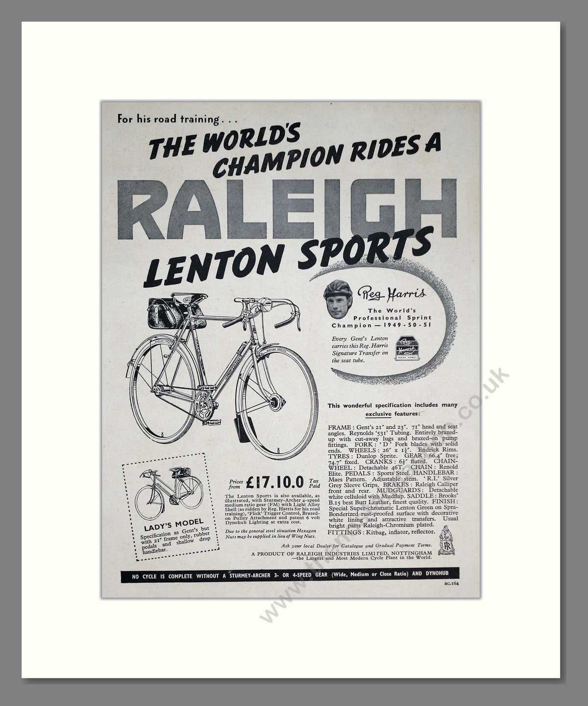 Raleigh Lenton Sports Cycle. Reg Harris. Original Advert 1952 (ref AD68897)