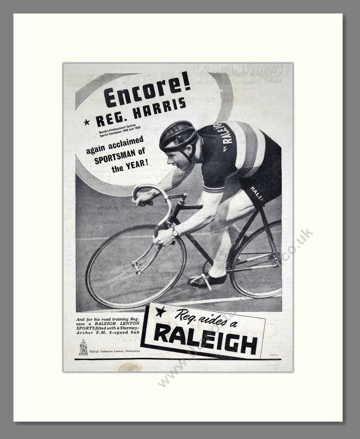 Raleigh Lenton Sports Cycle. Reg Harris. Original Advert 1951 (ref AD68901)