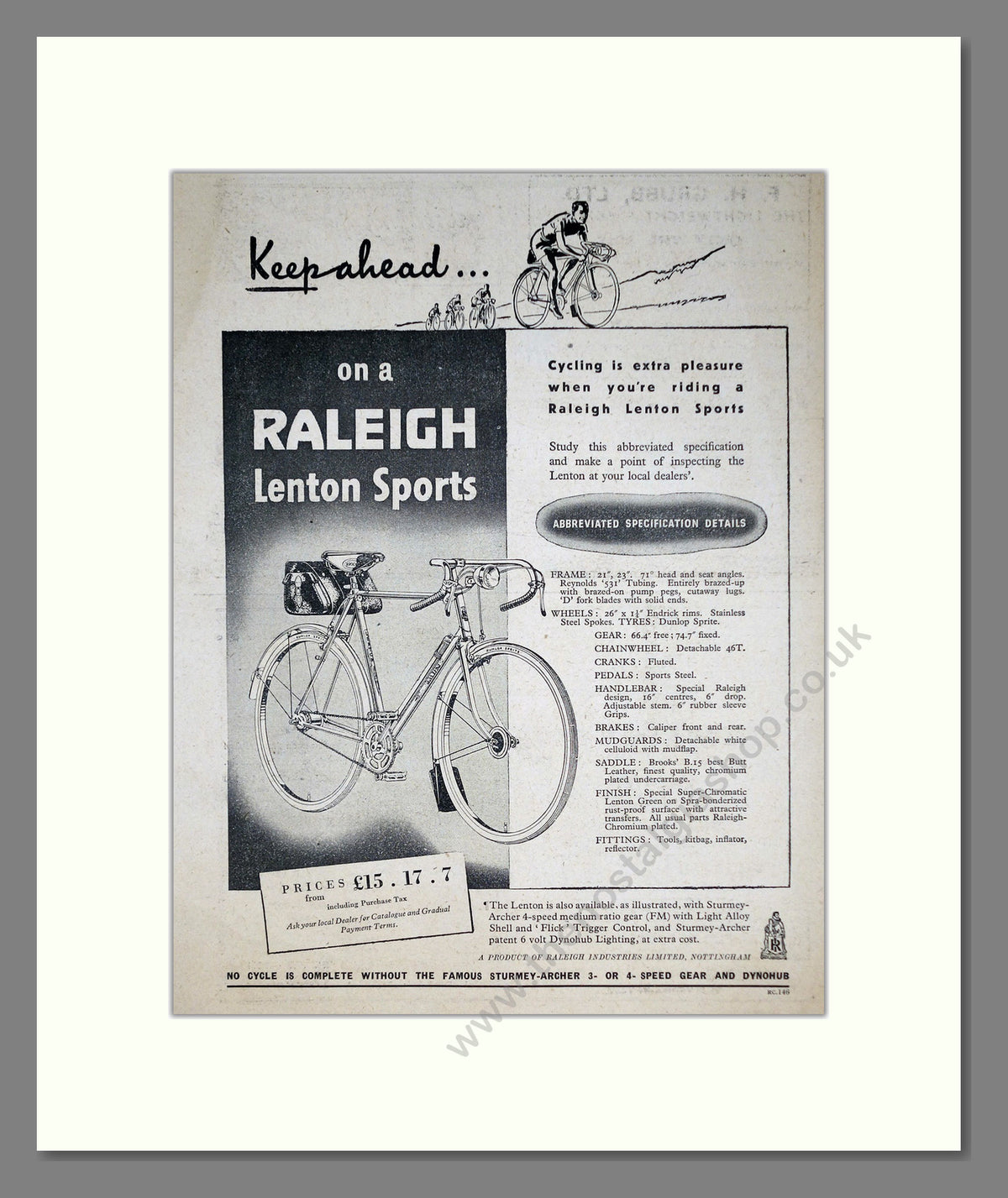 Raleigh Lenton Sports Cycle. Original Advert 1951 (ref AD68902)