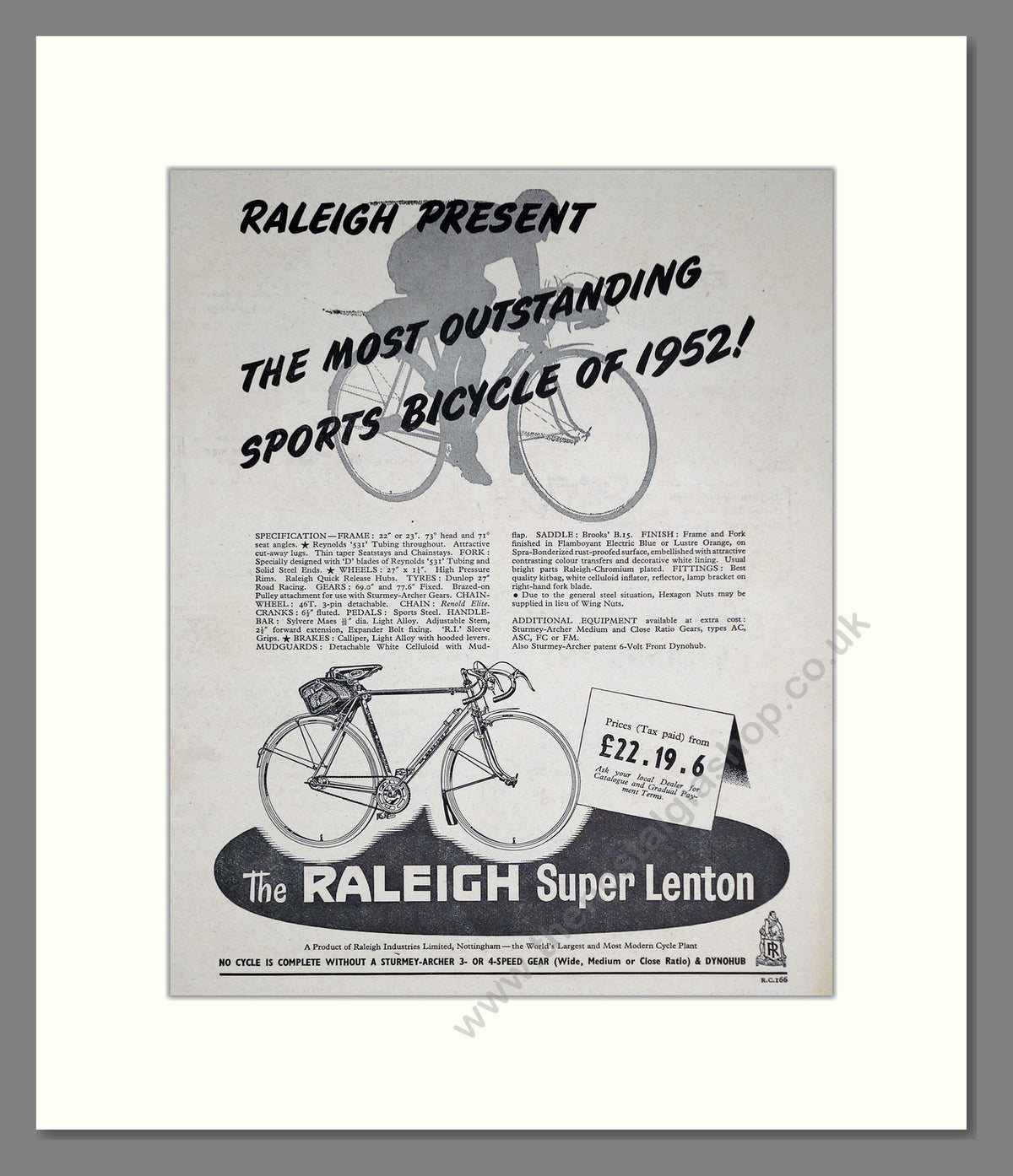 Raleigh Super Lenton Cycle. Original Advert 1952 (ref AD68903)