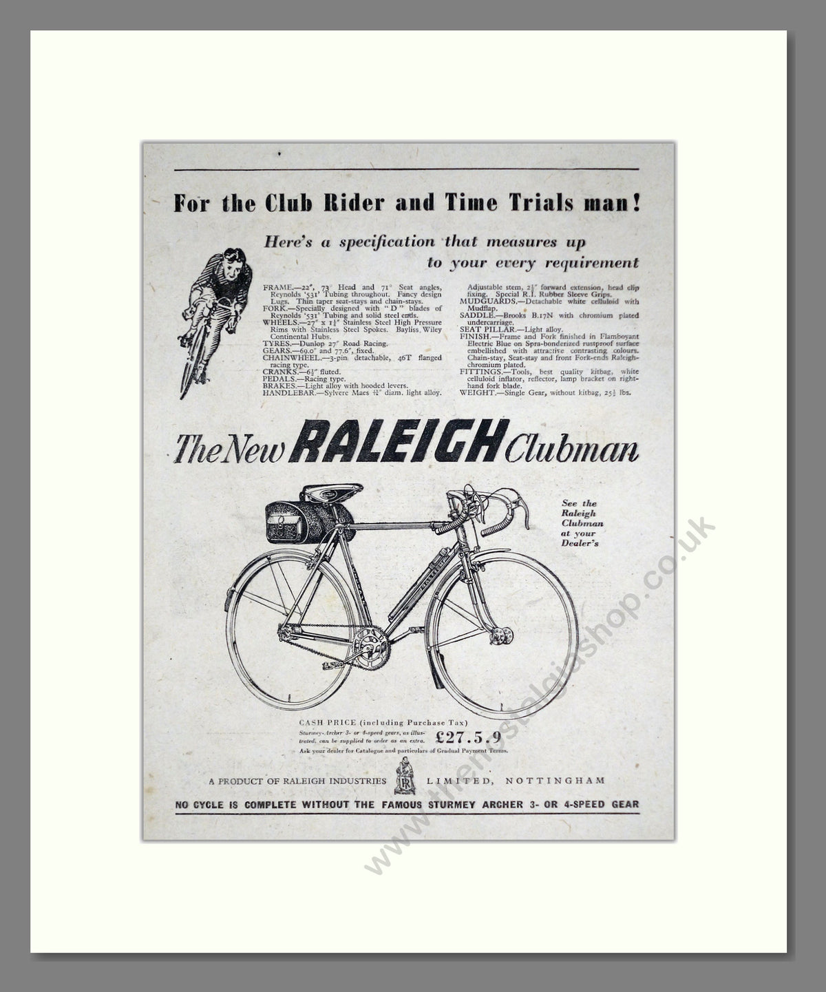 Raleigh Clubman Cycles. Original Advert 1951 (ref AD68907)