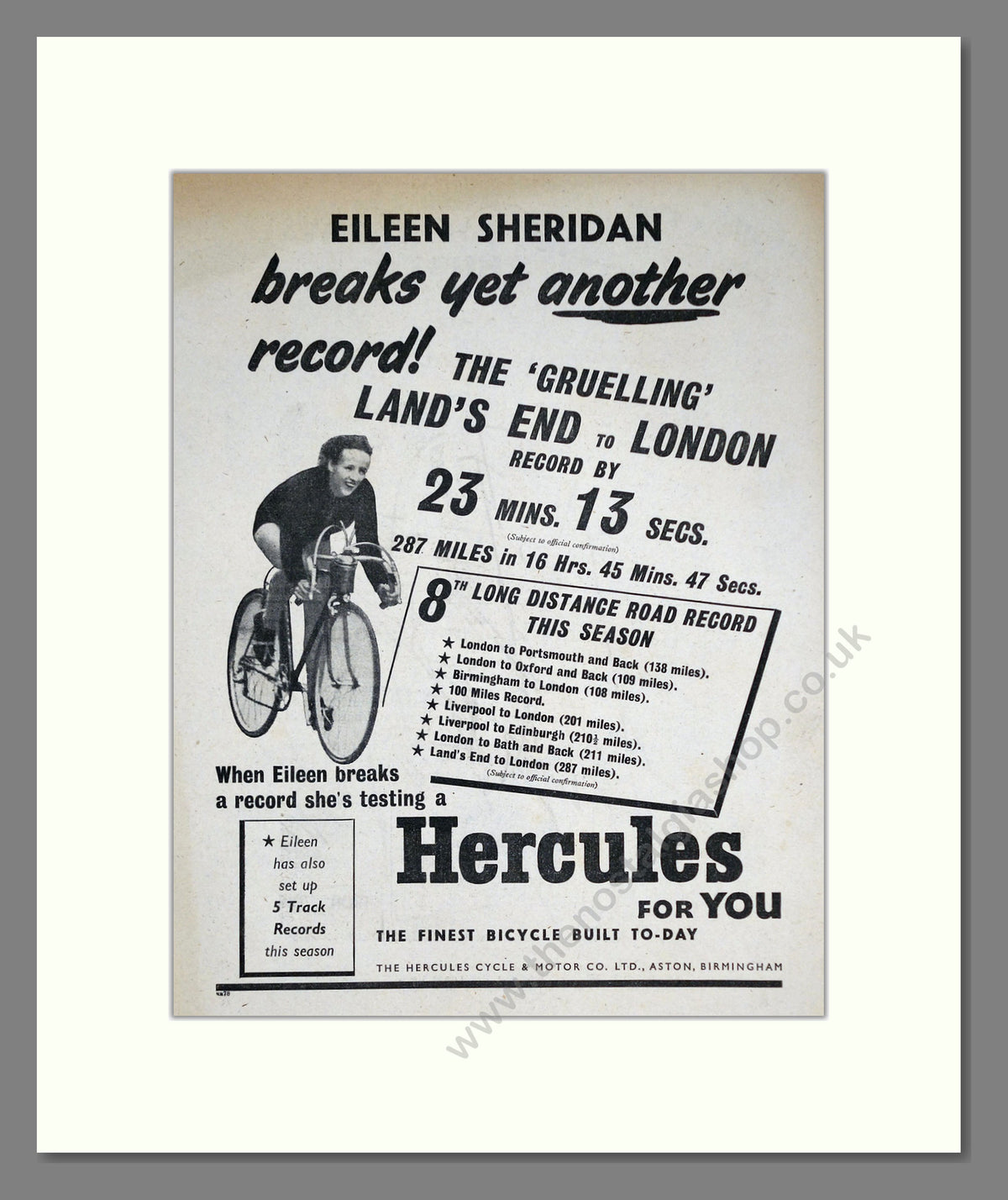 Hercules Cycles with Eileen Sheridan, Breaking Records. Original Advert 1952 (ref AD68909)