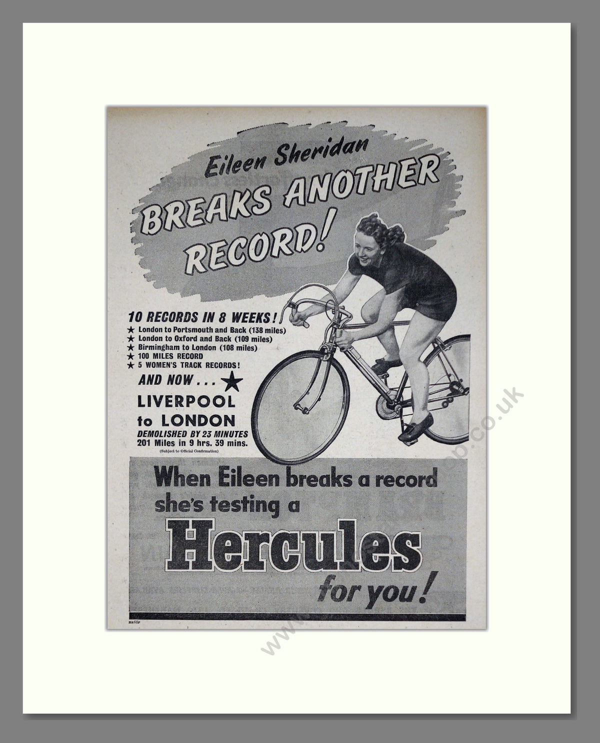 Hercules Cycles with Eileen Sheridan, Breaking Records. Original Advert 1952 (ref AD68910)