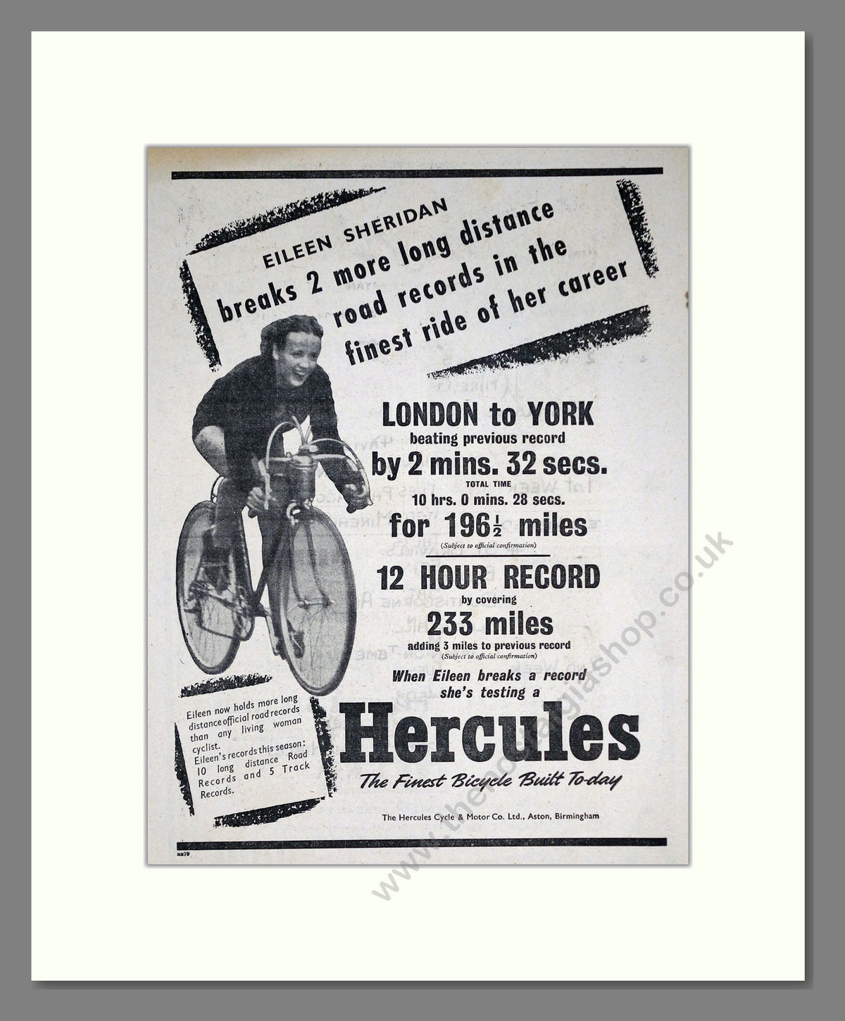 Hercules Cycles with Eileen Sheridan, Breaking Records.  Original Advert 1952 (ref AD68911)
