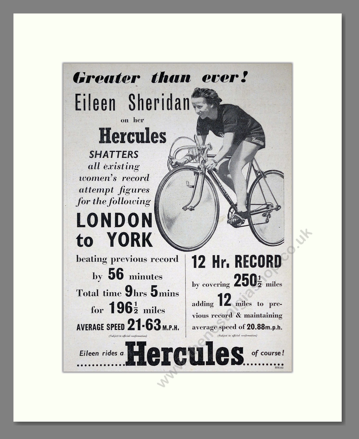 Hercules Cycles with Eileen Sheridan, Breaking Records.  Original Advert 1953 (ref AD68912)