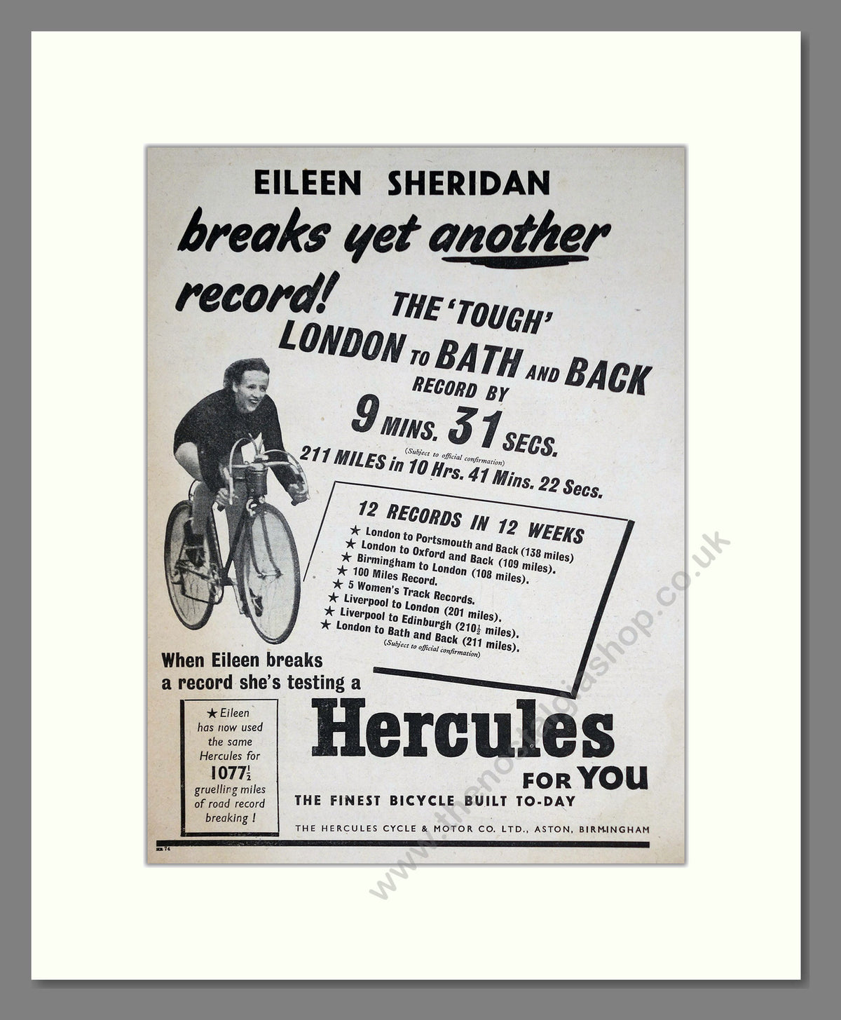 Hercules Cycles with Eileen Sheridan, Breaking Records.  Original Advert 1952 (ref AD68913)