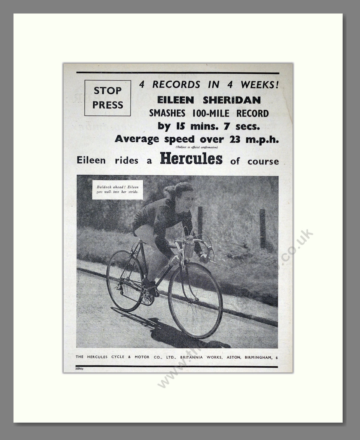 Hercules Cycles with Eileen Sheridan, Breaking Records.   Original Advert 1952 (ref AD68917)
