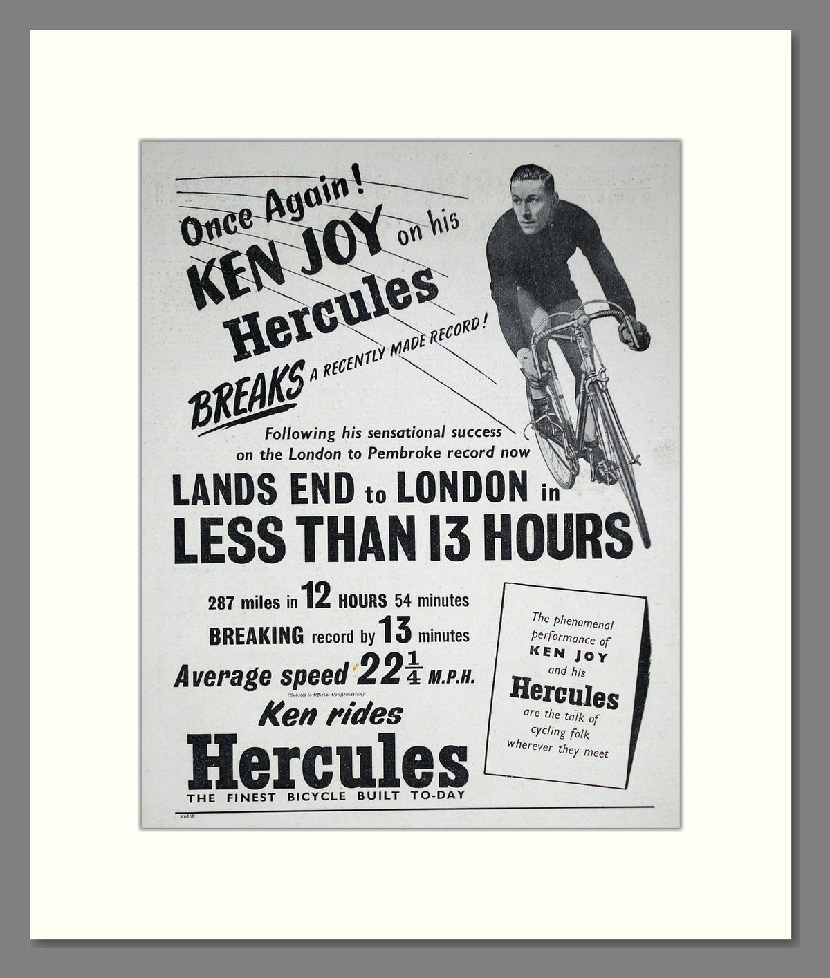 Hercules Cycles with Ken Joy, Breaking Records. Original Advert 1953 (ref AD68921)