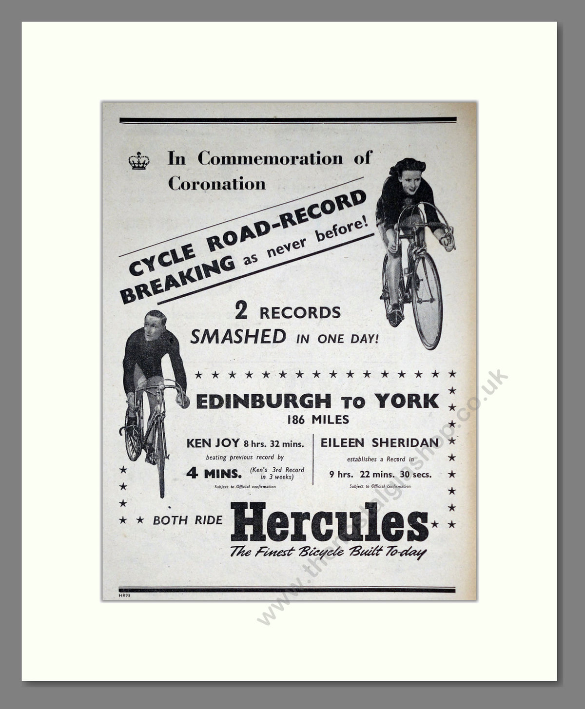 Hercules Cycles with Ken Joy, Eileen Sheridan. Original Advert 1953 (ref AD68923)
