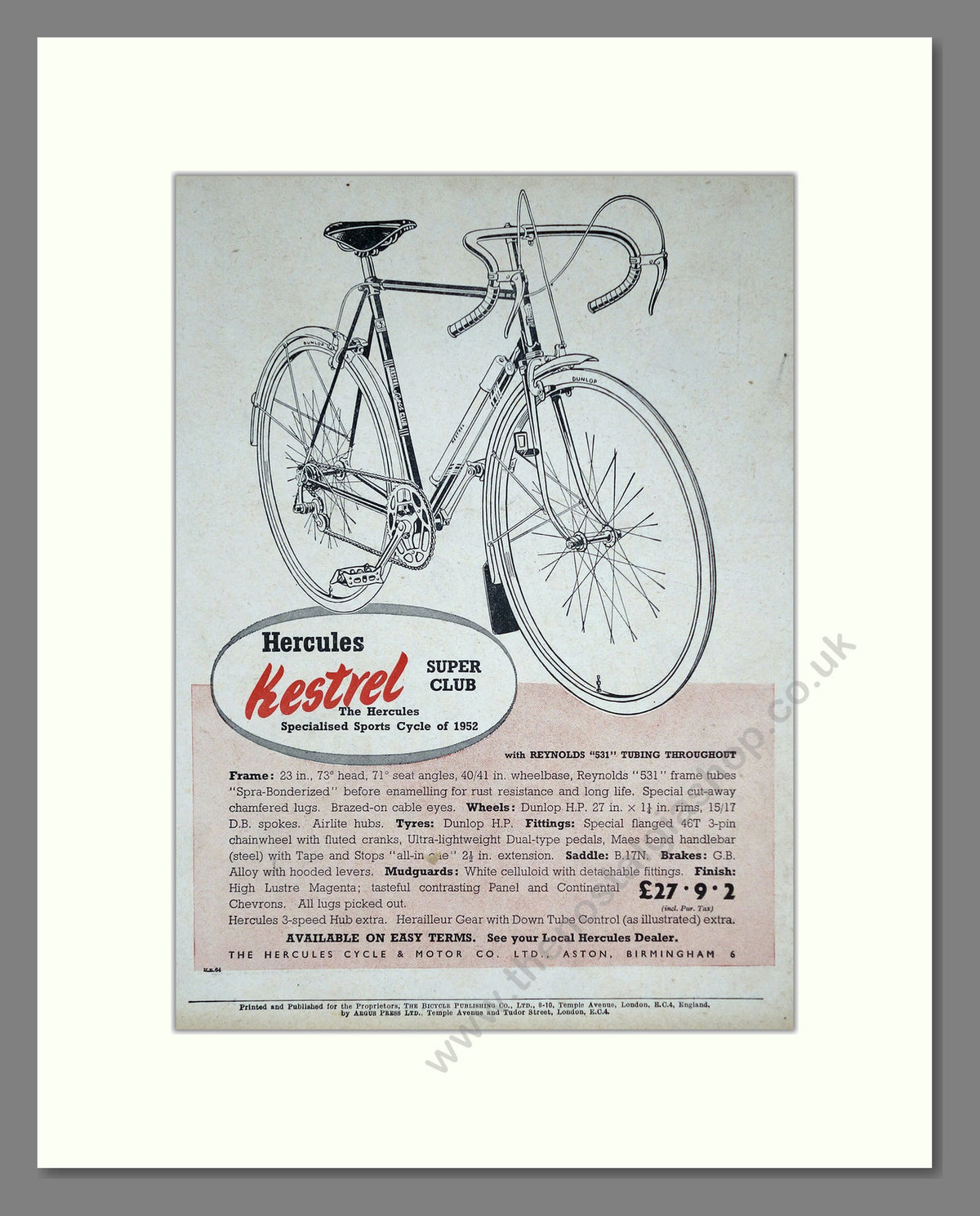 Hercules Kestrel Super Club Cycle. Original Advert 1952 (ref AD68928)