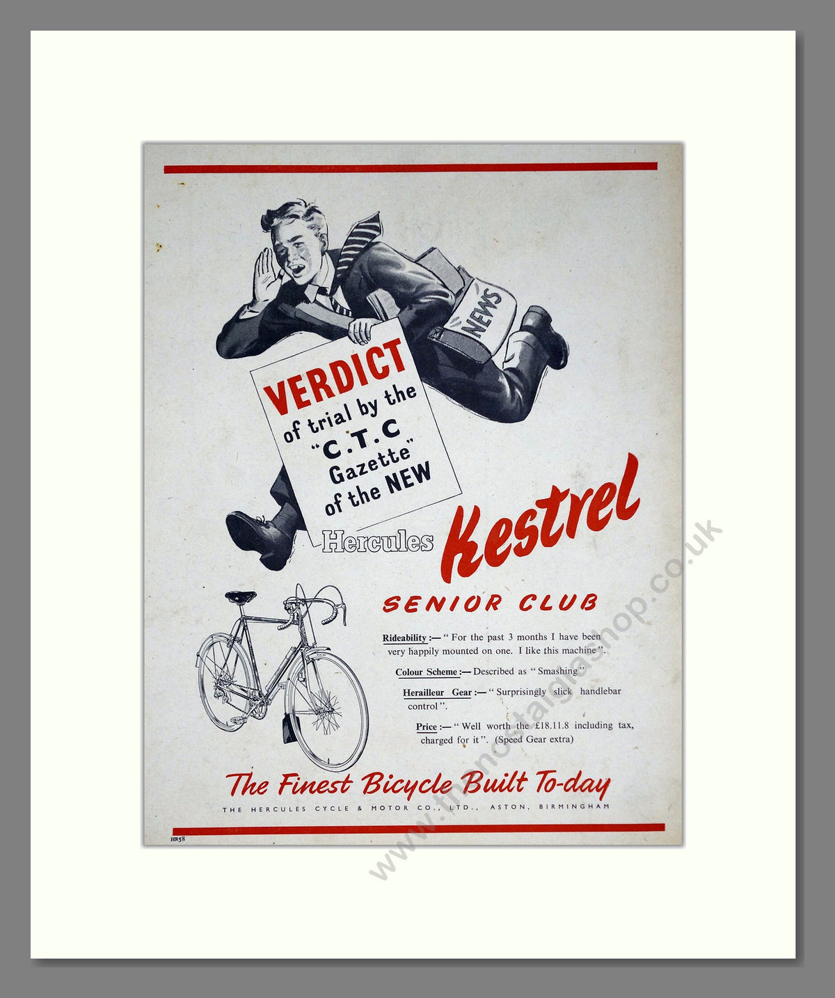 Hercules Kestrel Senior Club Cycle. Original Advert 1951 (ref AD68929)