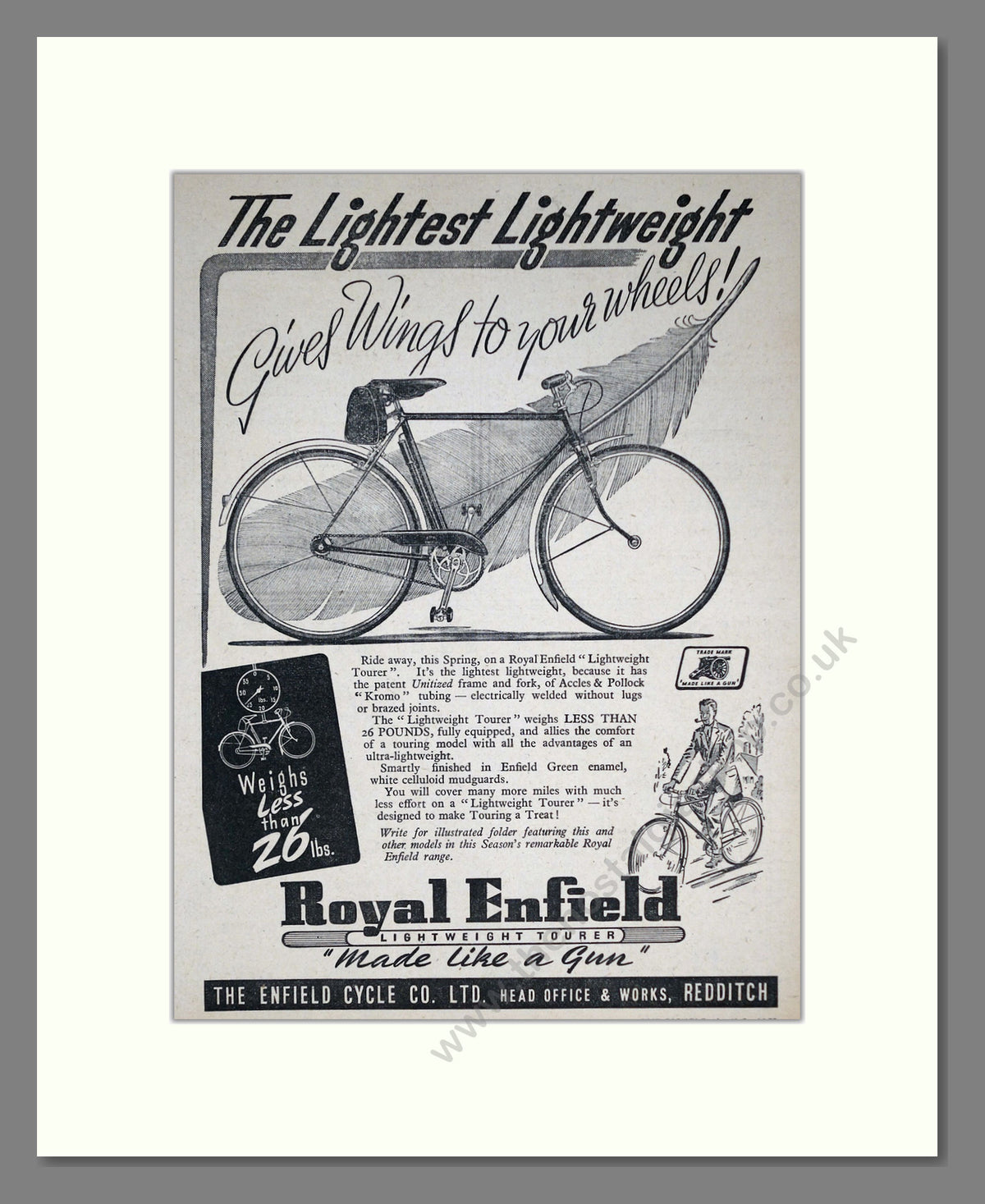 Royal Enfield Lightweight Tourer Cycle. Original Advert 1952 (ref AD69008)