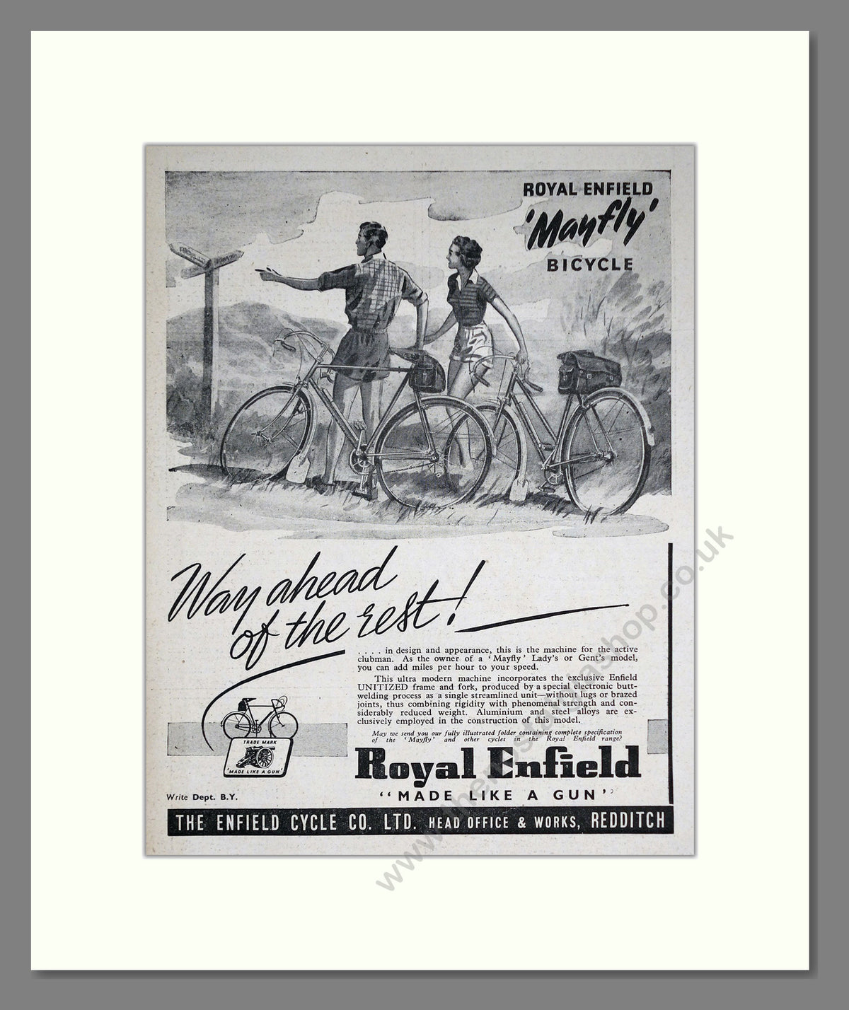 Royal Enfield Mayfly Cycle. Original Advert 1952 (ref AD69009)