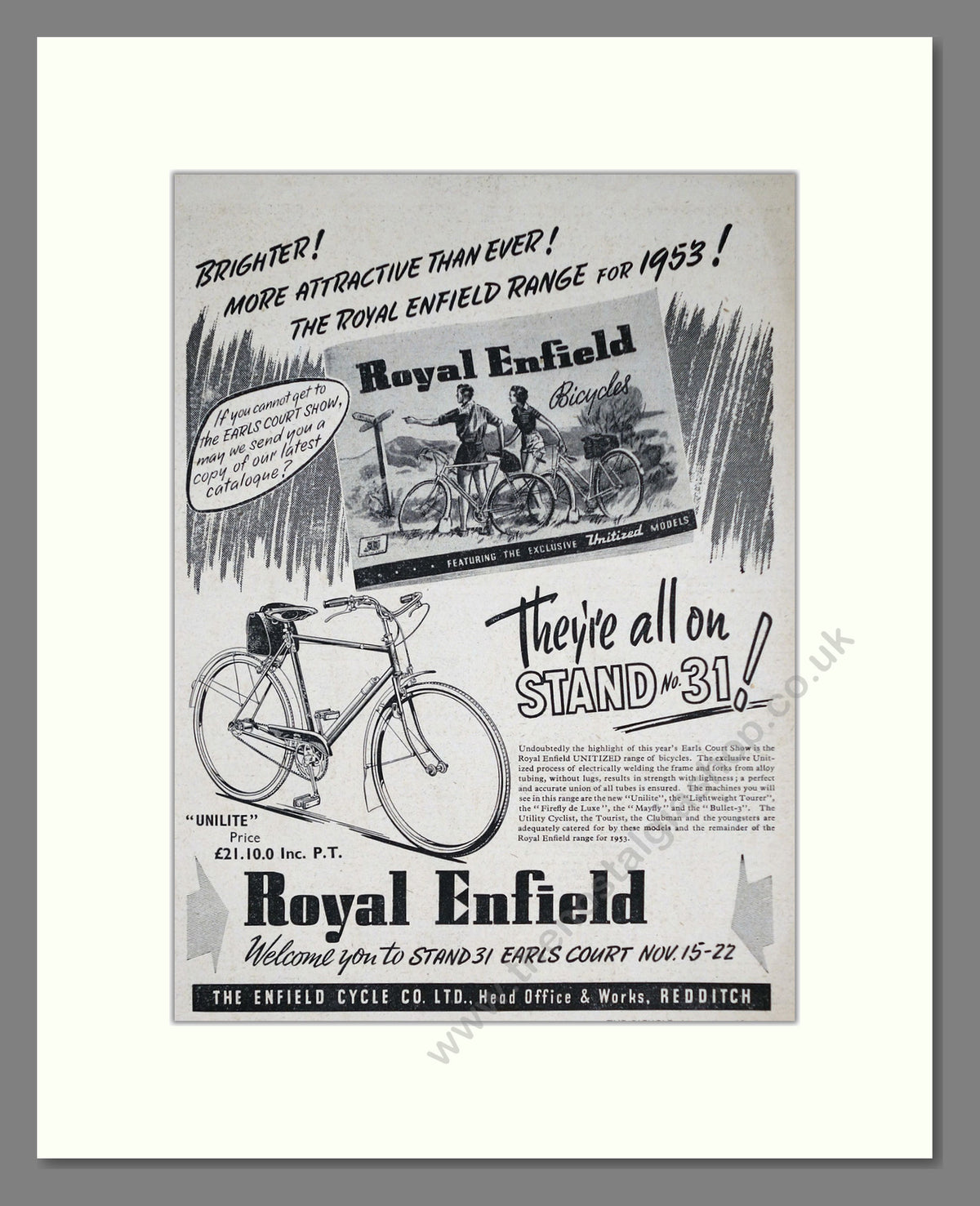 Royal Enfield Unilite Cycle. Original Advert 1952 (ref AD69010)