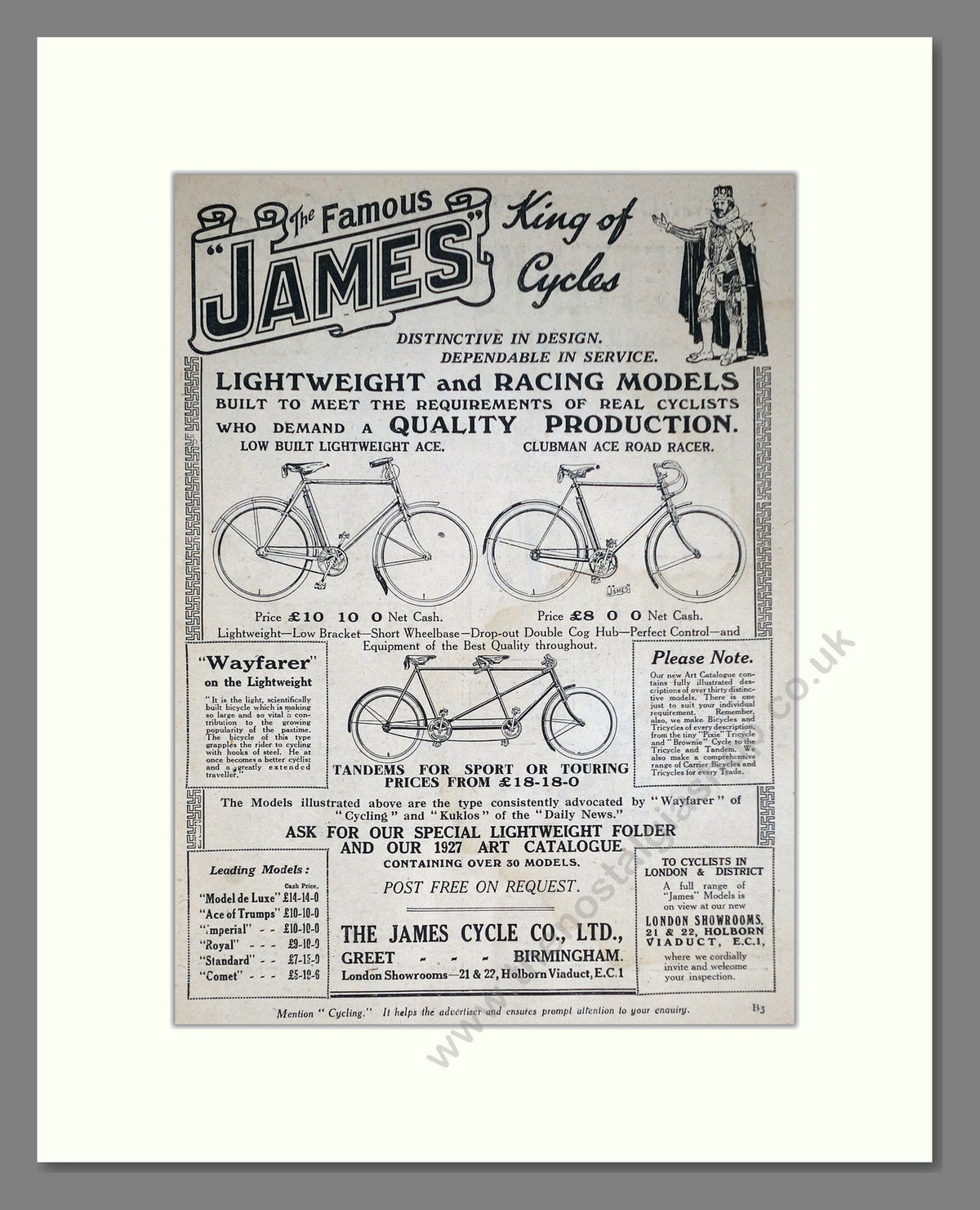 James Cycle Range. Original Advert 1927 (ref AD69011)