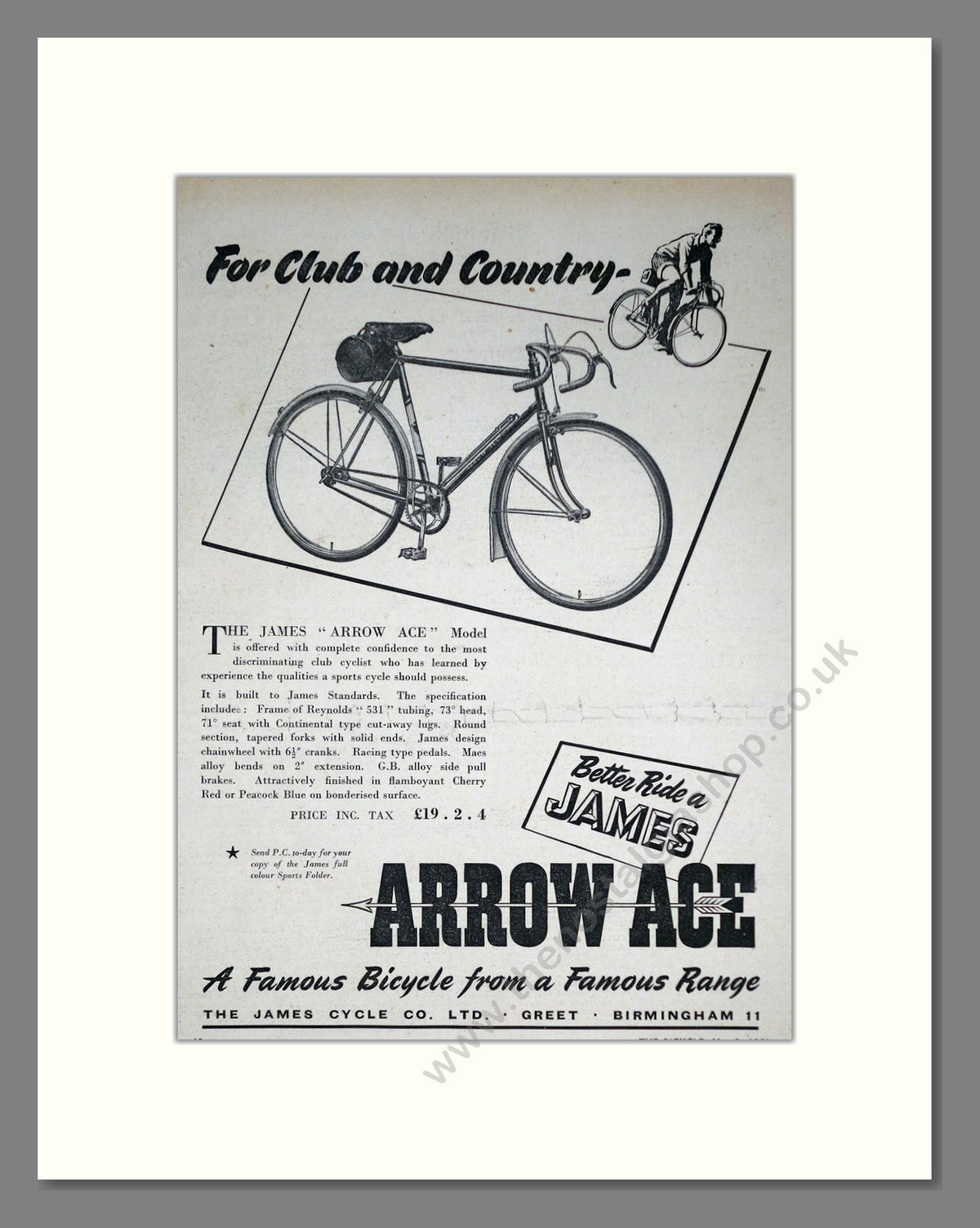 James Arrow Ace Cycle. Original Advert 1951 (ref AD69016)