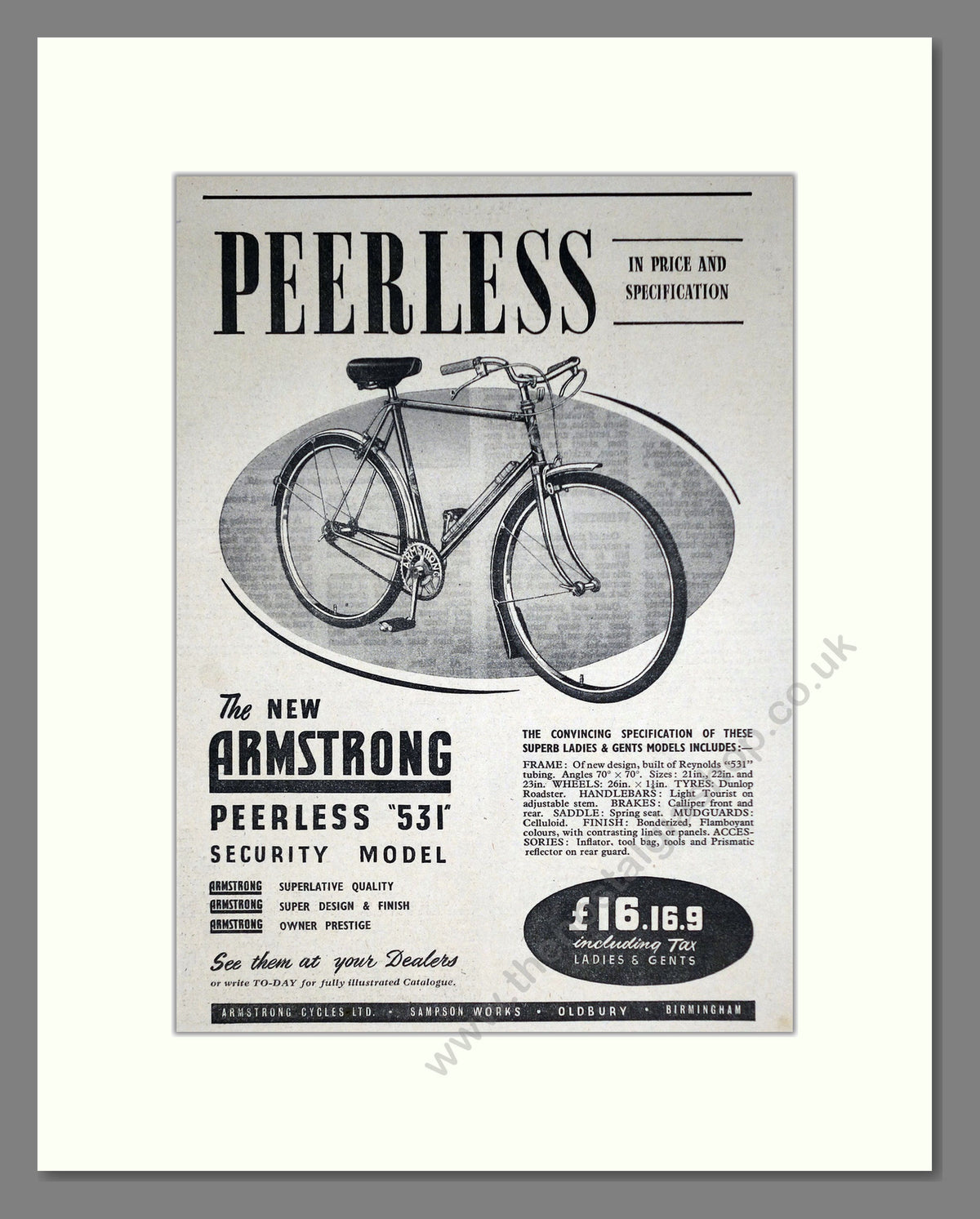 Armstrong Peerless 531 Cycles. Original Advert 1951 (ref AD69032)