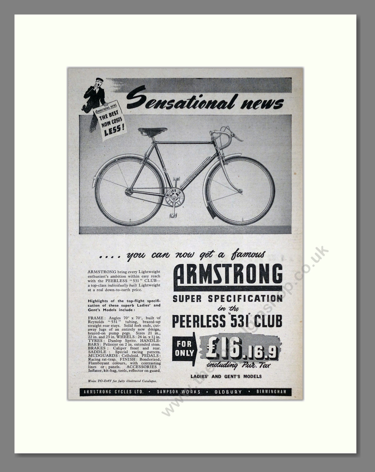 Armstrong Peerless 531 Cycles. Original Advert 1951 (ref AD69034)