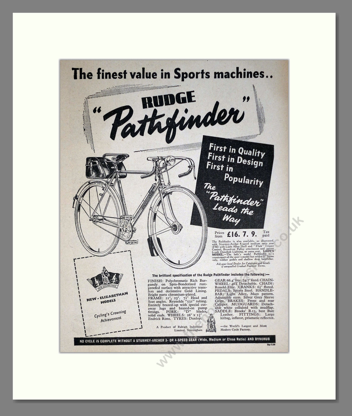 Rudge Pathfinder Cycles. Original Advert 1953 (ref AD69041)