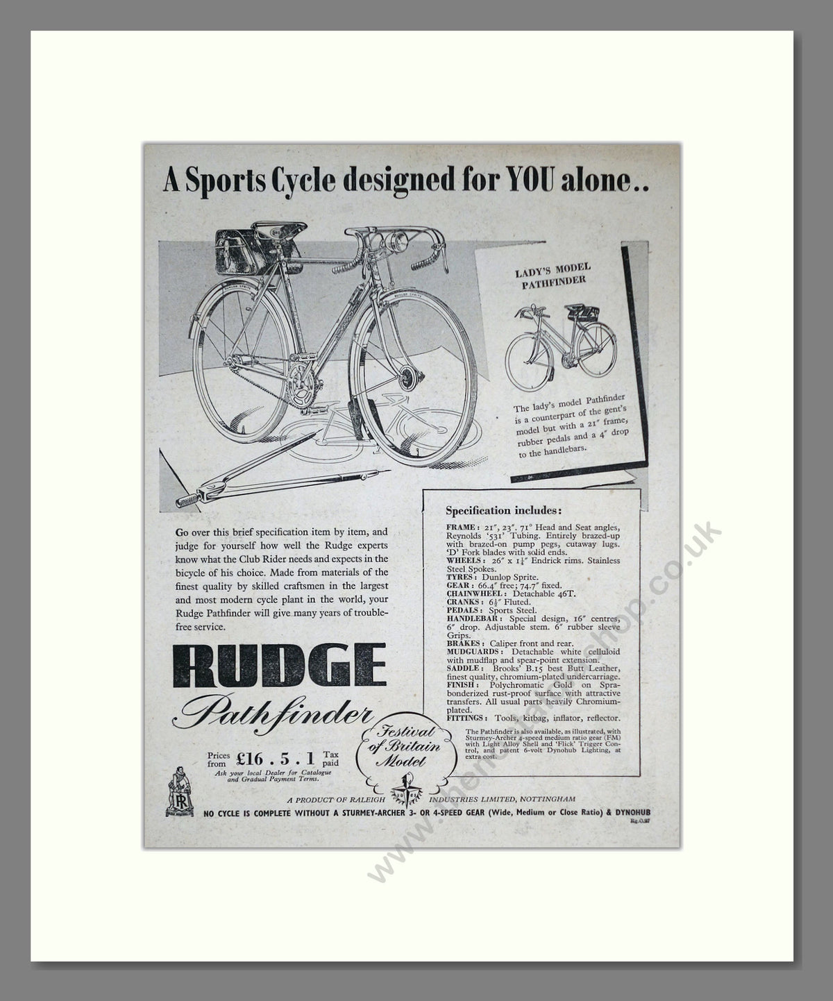 Rudge Pathfinder Cycles. Original Advert 1951 (ref AD69043)
