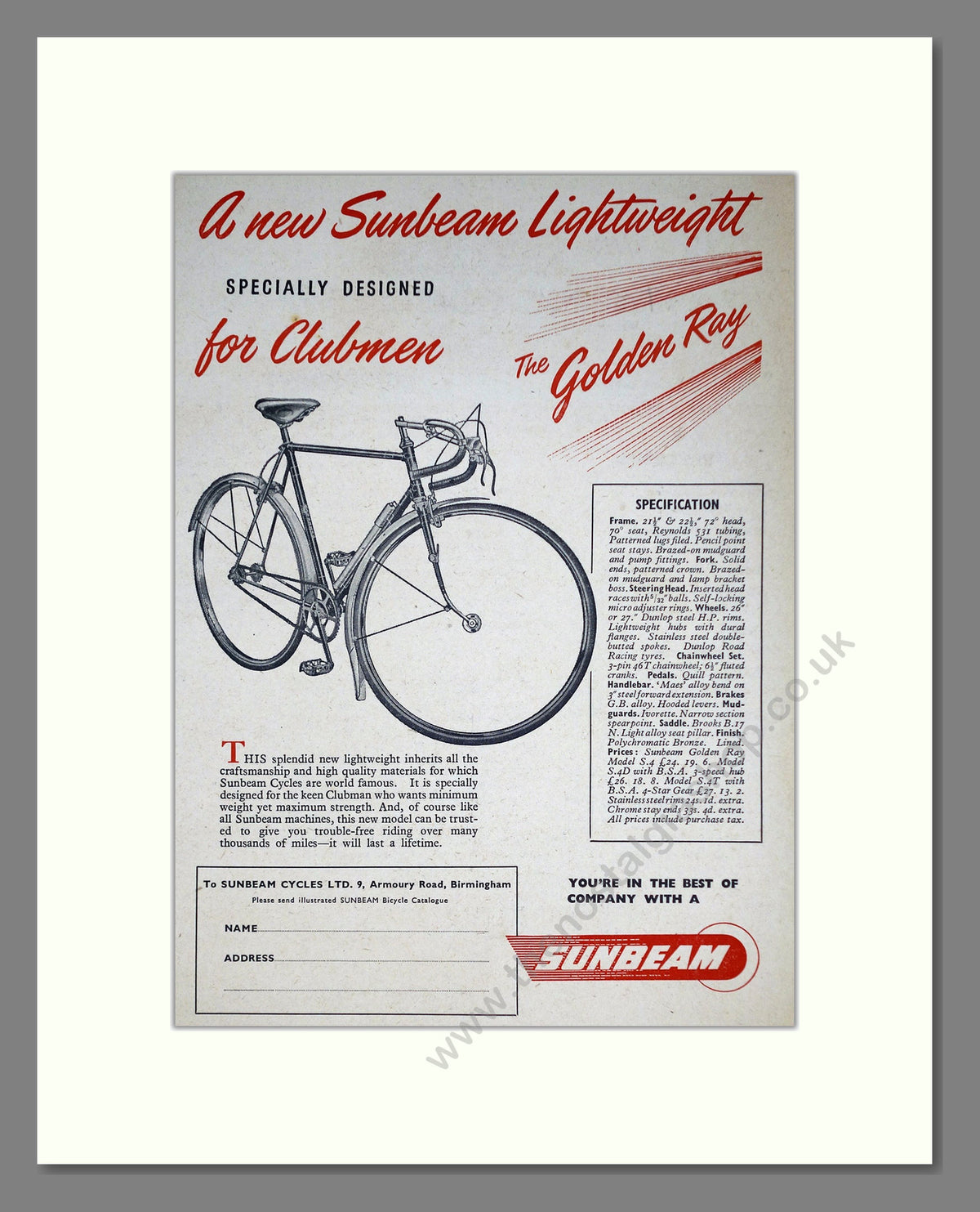 Sunbeam Golden Ray Cycles. Original Advert 1951 (ref AD69050)