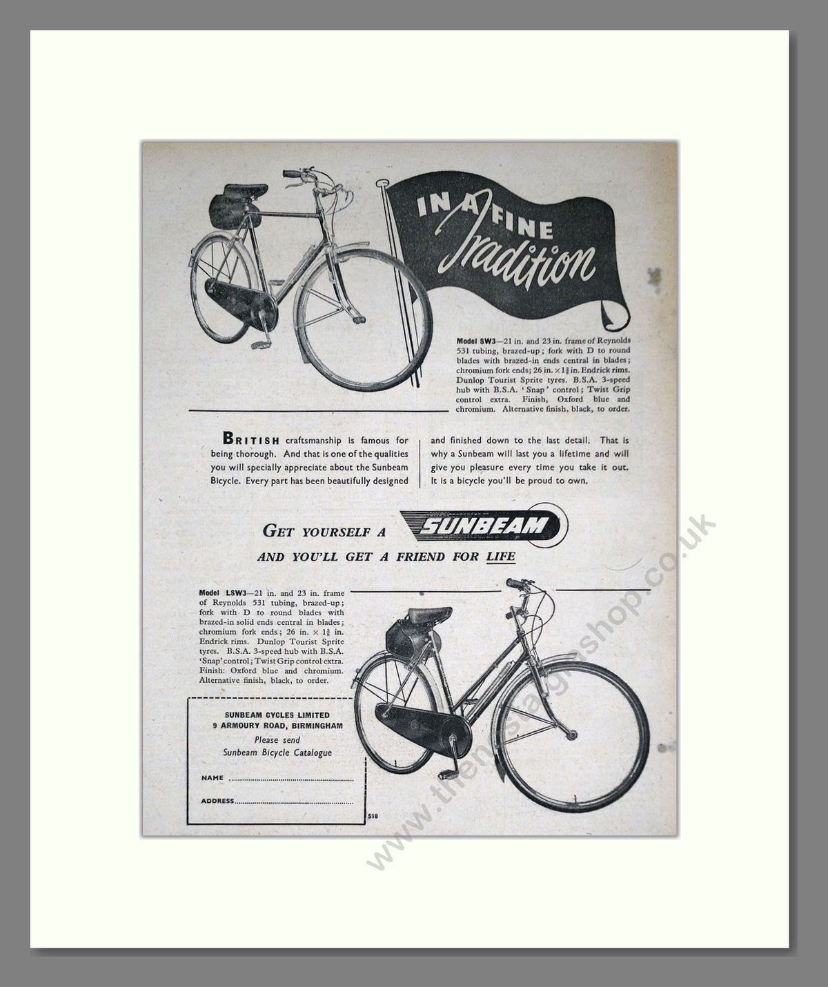 Sunbeam  Model SW3 Cycle. Original Advert 1952 (ref AD69053)