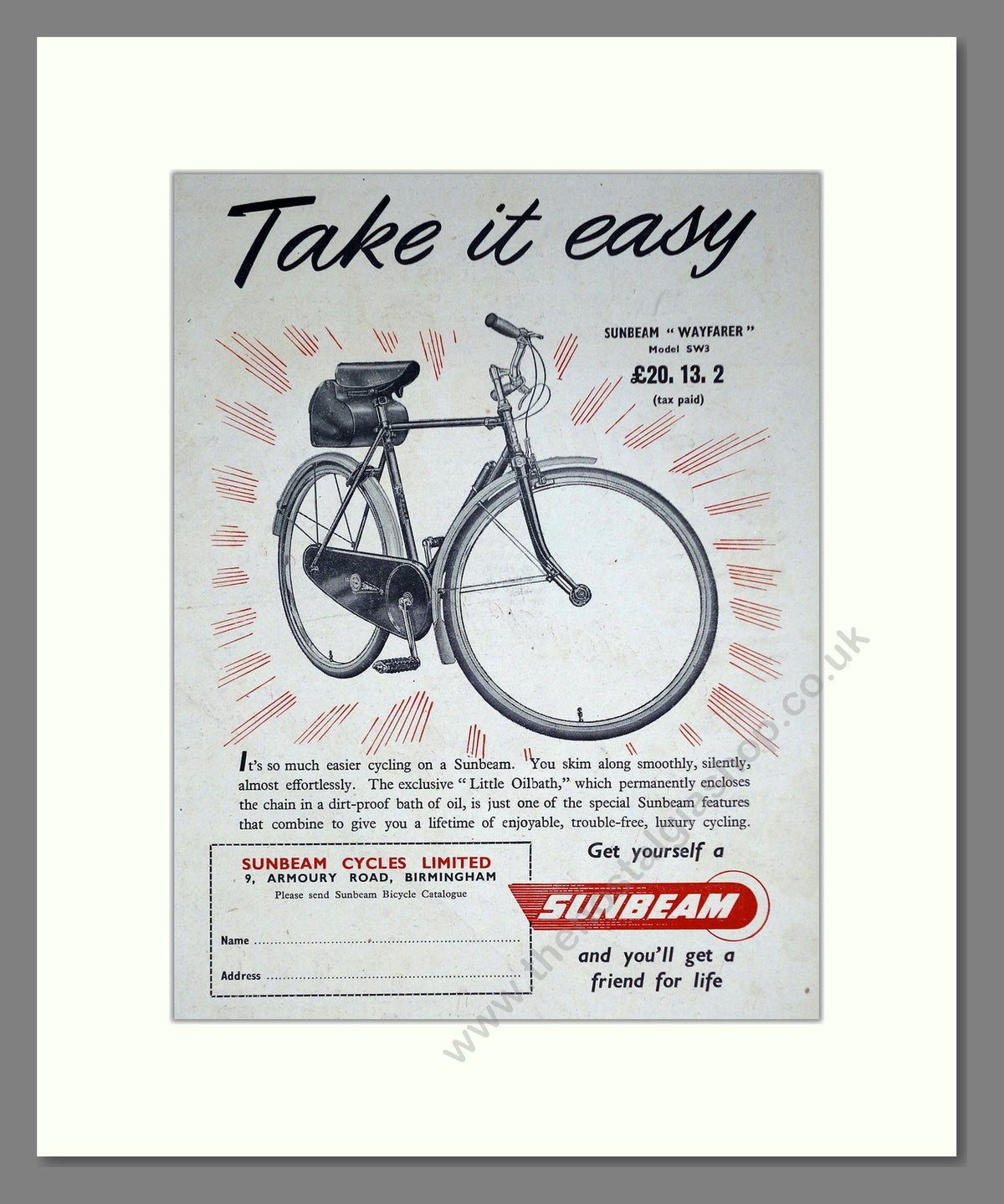 Sunbeam S.W.3 Wayfarer Cycle. Original Advert 1951 (ref AD69058)