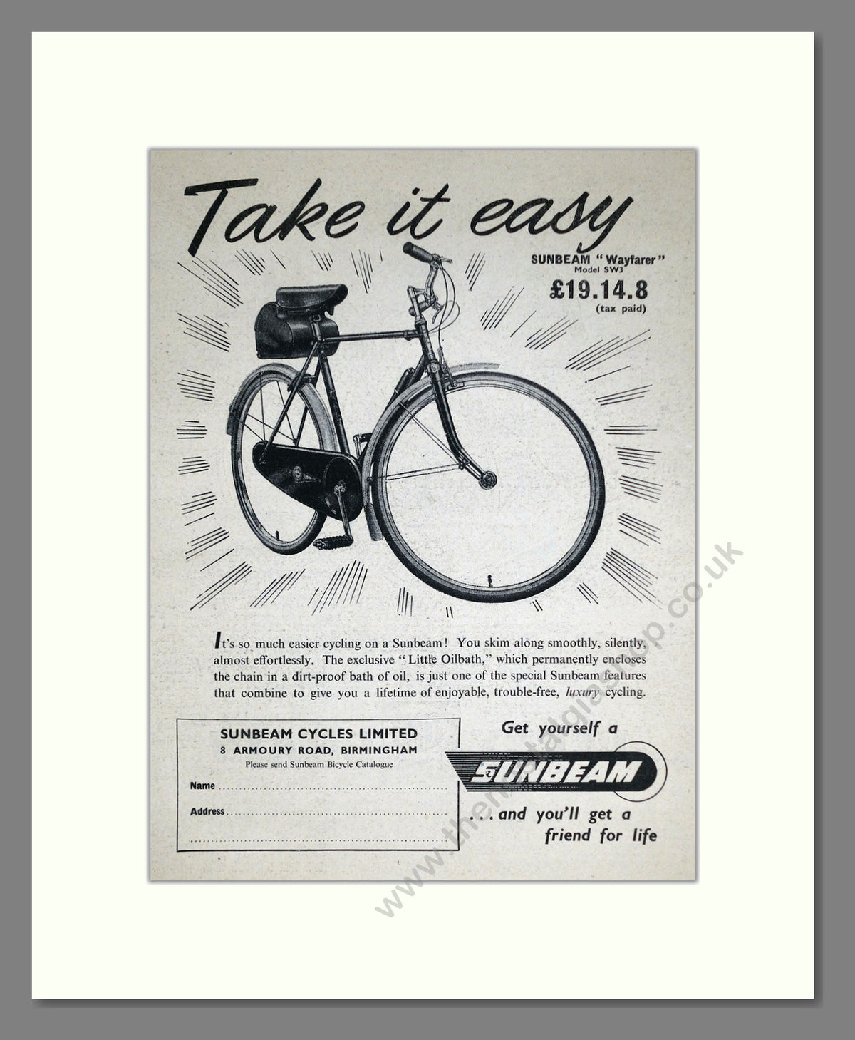 Sunbeam S.W.3 Wayfarer Cycle. Original Advert 1951 (ref AD69059)