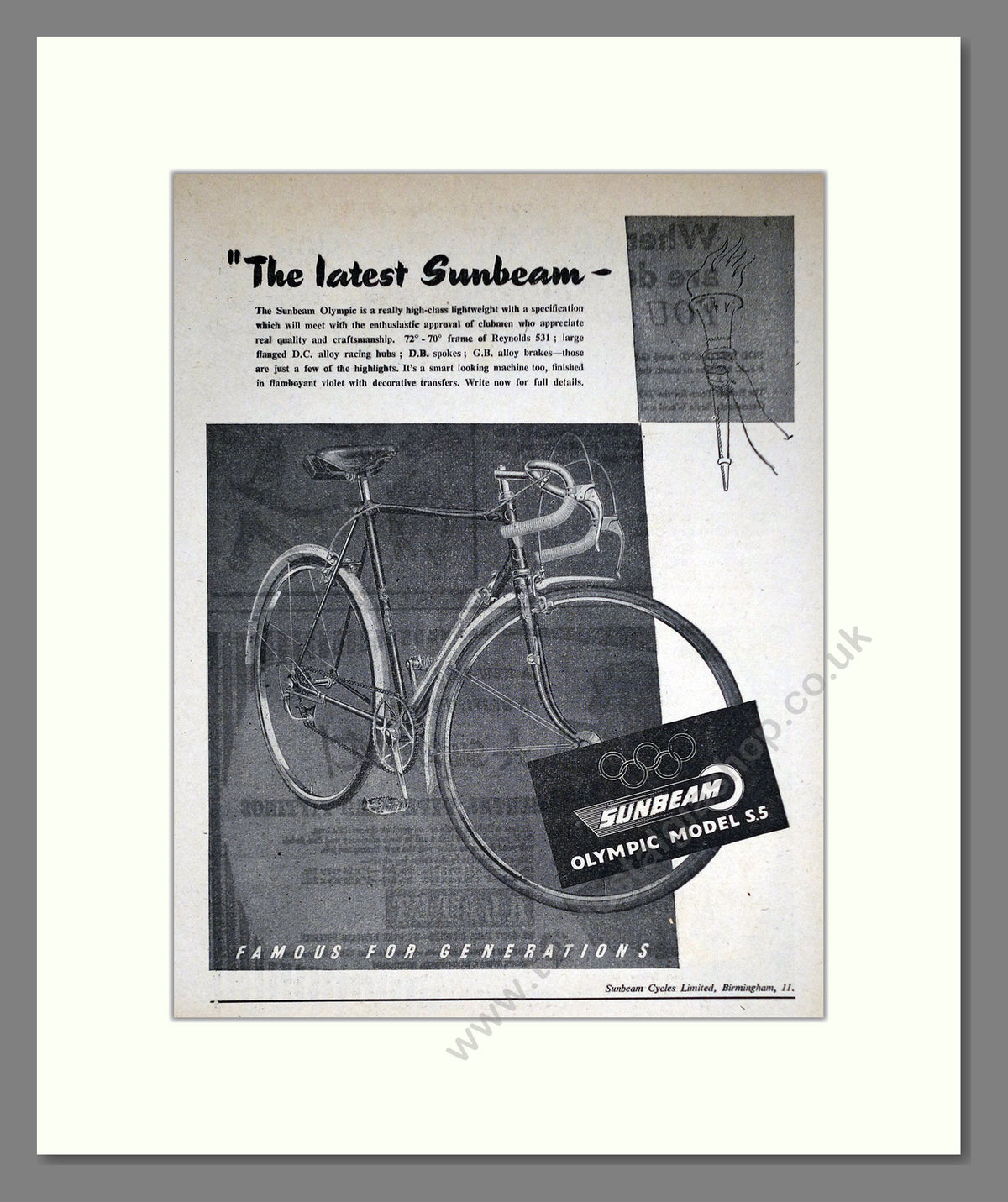 Sunbeam Cycles, Olympic Model S.5. Original Advert 1952 (ref AD69062 ...