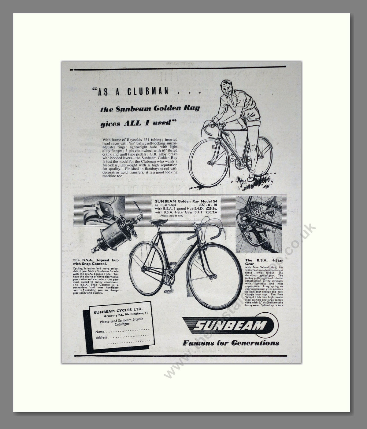 Sunbeam Golden Ray Cycles. Original Advert 1952 (ref AD69068)