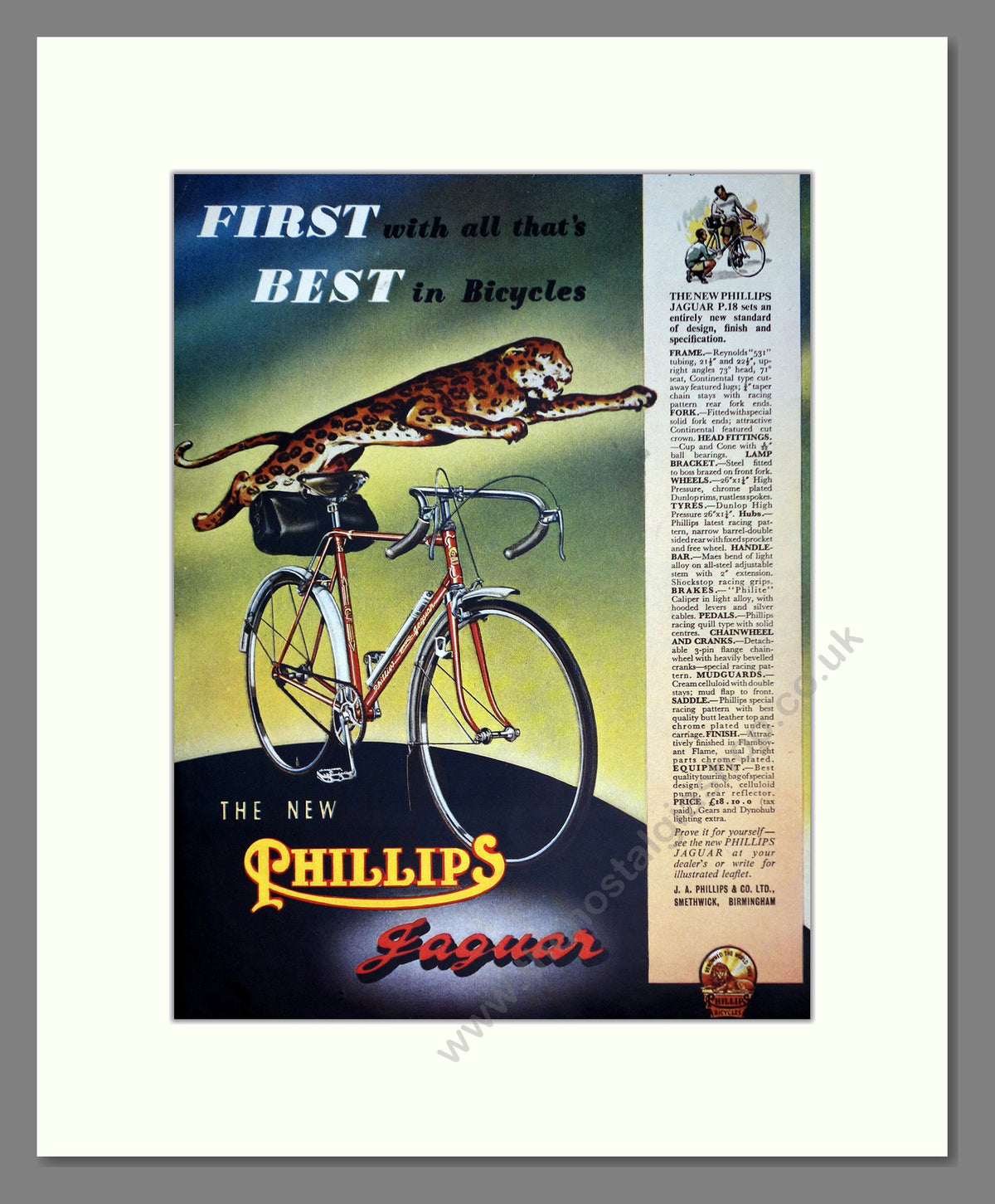 Phillips Jaguar P.18 Cycles. Original Advert 1951 (ref AD69076)