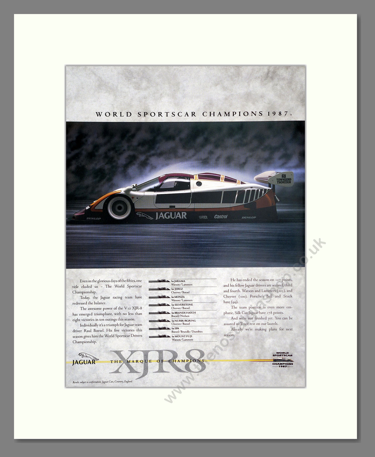 Jaguar XJR 8. Original Advert 1987 (ref AD304237)