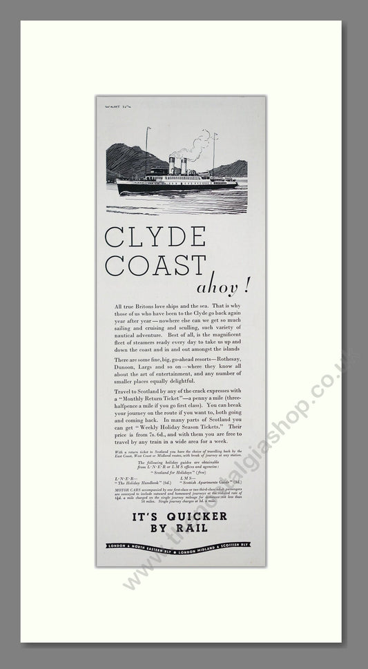 LNER / London Midland And Scottish Railway - Clyde Coast By Rail. Vintage Advert 1935 (ref AD303646)