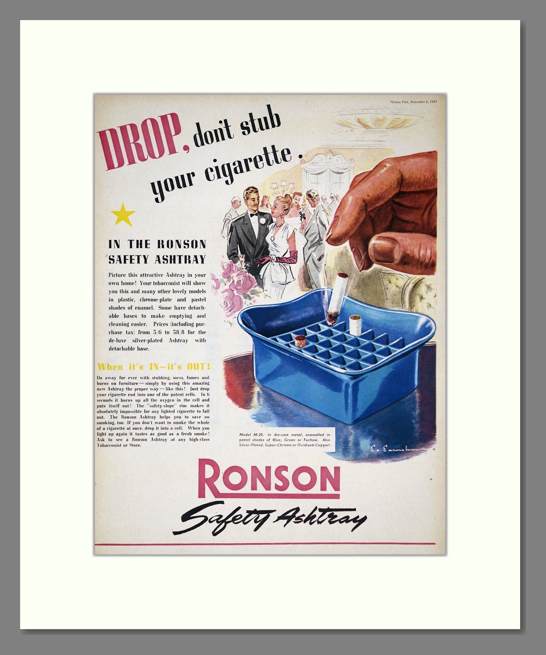 Ronson - Safety Ashtray. Vintage Advert 1947 (ref AD303714)
